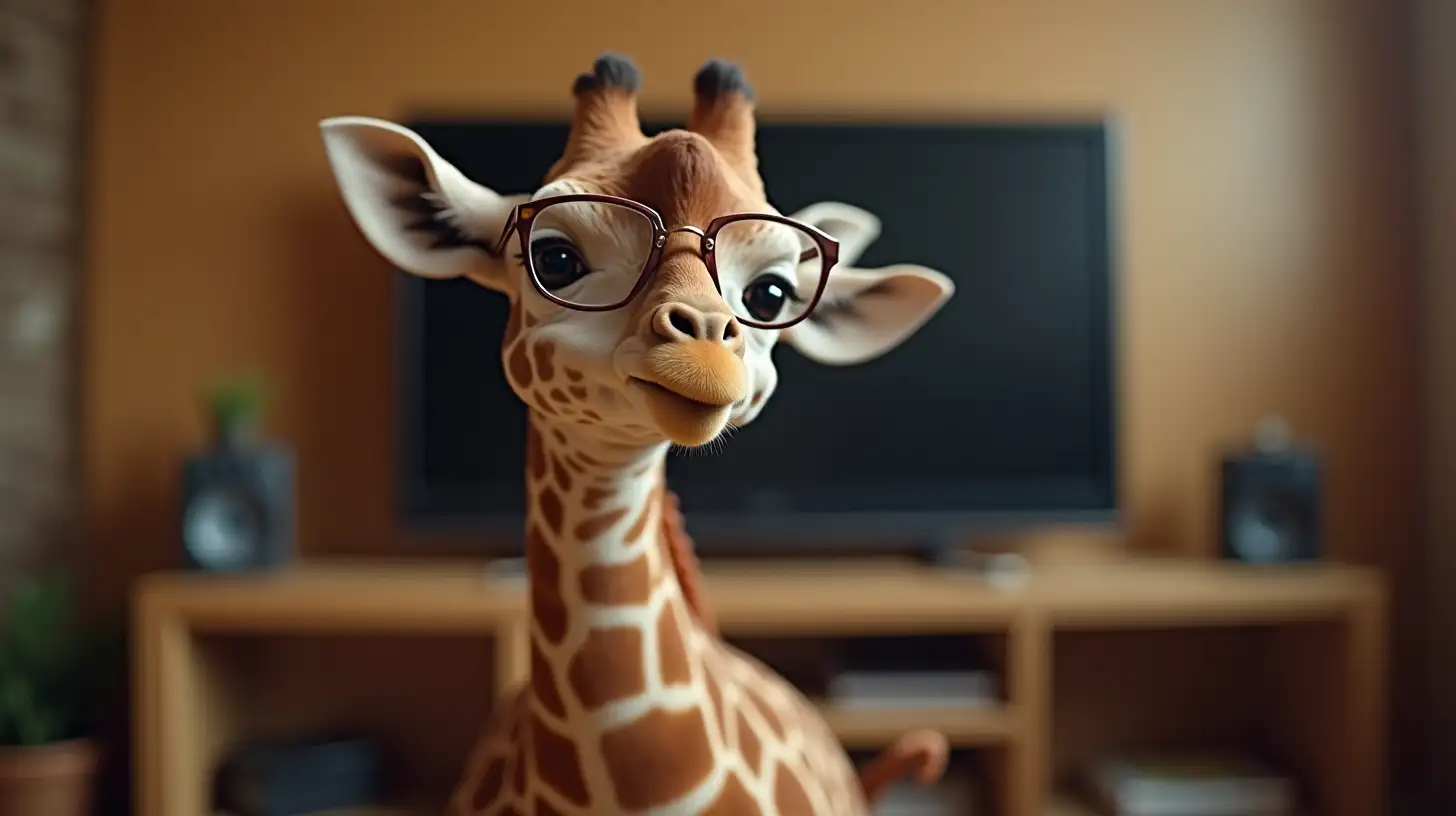 Charming Baby Giraffe in Glasses Enjoying a TV Show