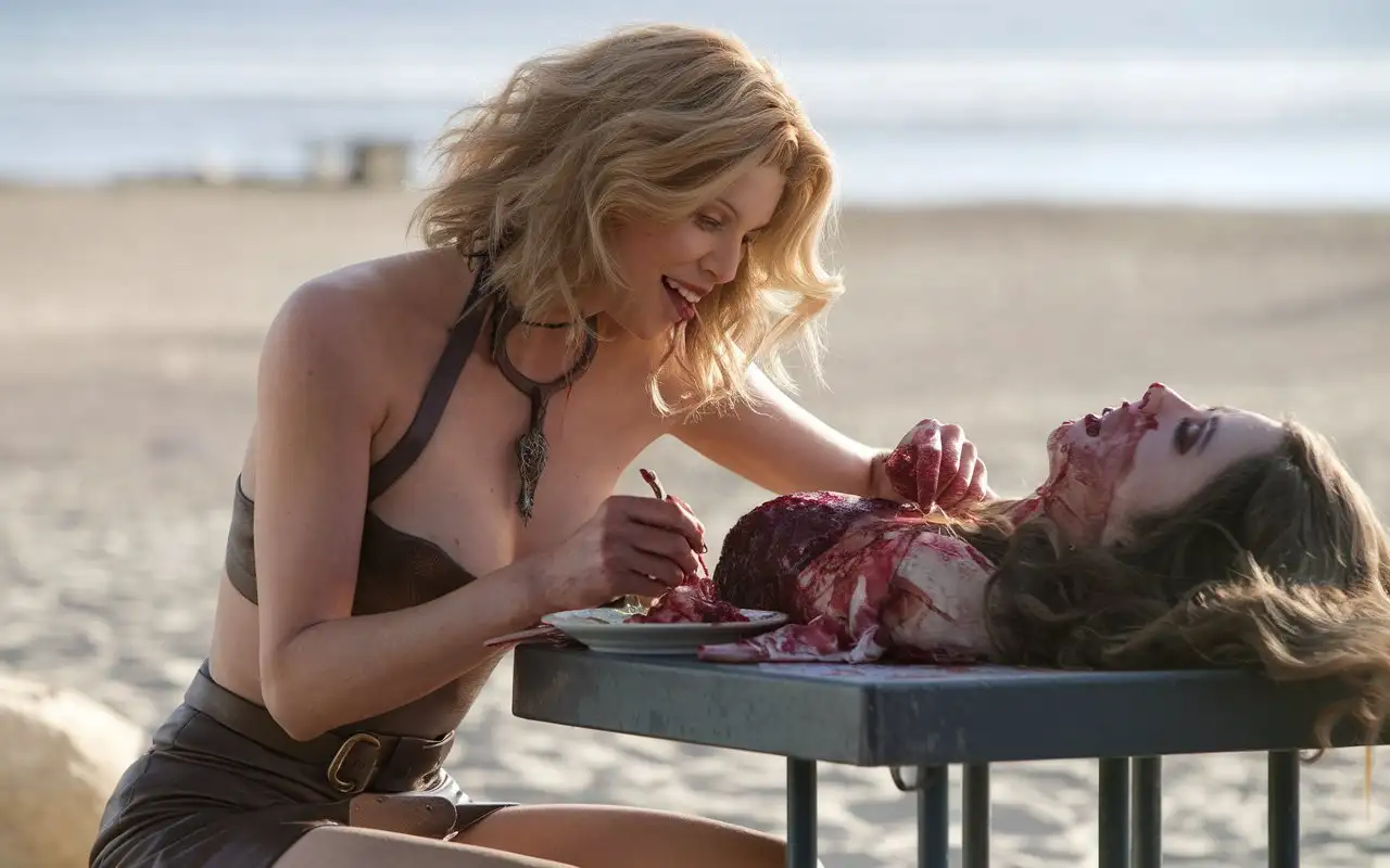 Mature-Female-Cannibal-Enjoying-Grisly-Beach-Picnic-in-SunKissed-Setting