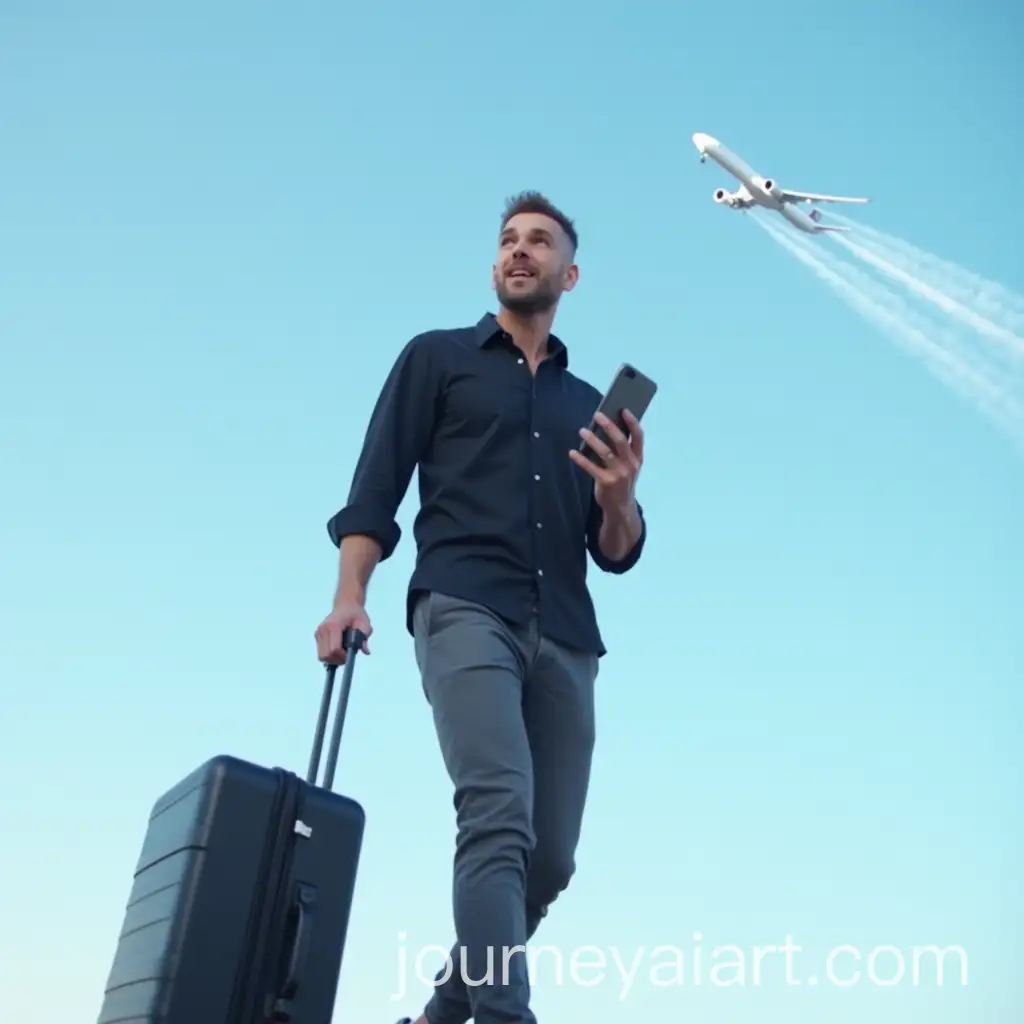 Man-Walking-with-Luggage-and-Smartphone-in-Outdoor-Setting-with-Airplane-in-Sky