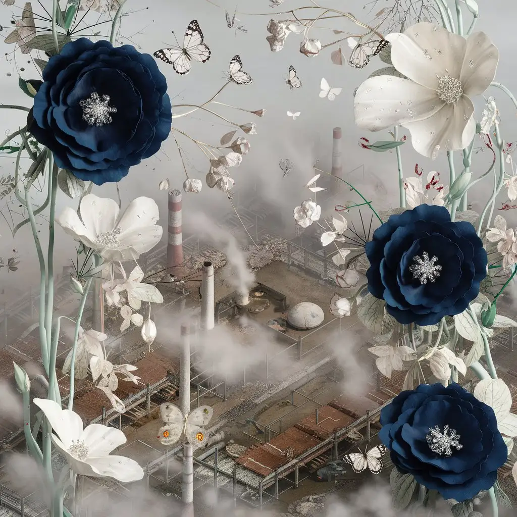 floral style of Raymond Swanland, navy blue flowers, pale white with diamonds, light ivory, butterflies, hyper realistic, intricate detail, transparent BG, 64k, whimsical, pastels, butterflies, muted colors, watercolor, isometric, digital art, smog, pollution, toxic waste, chimneys and railroads, 3 d render, octane render, volumetrics, by greg rutkowski