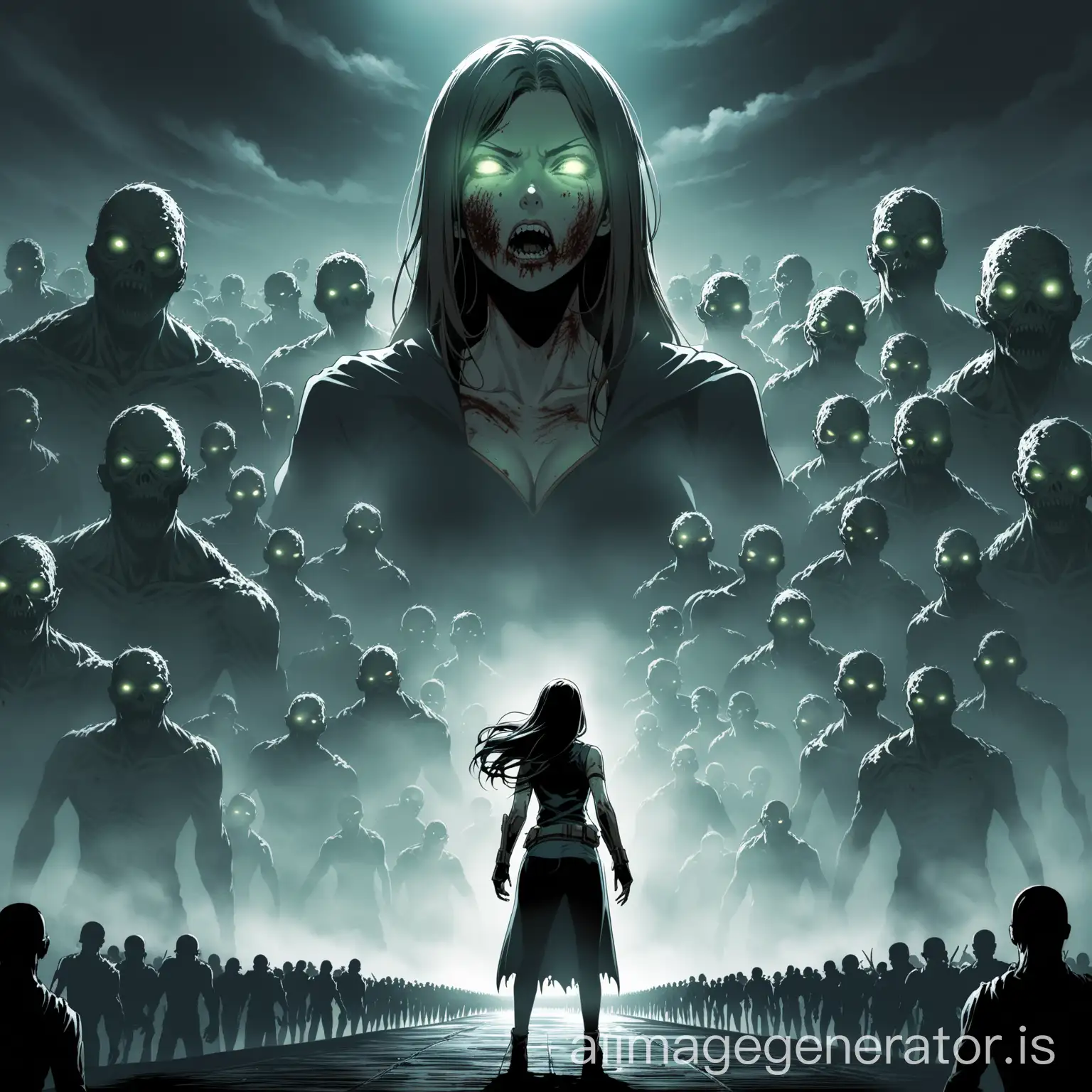 a female superpower character facing a large group of zombies in the distance