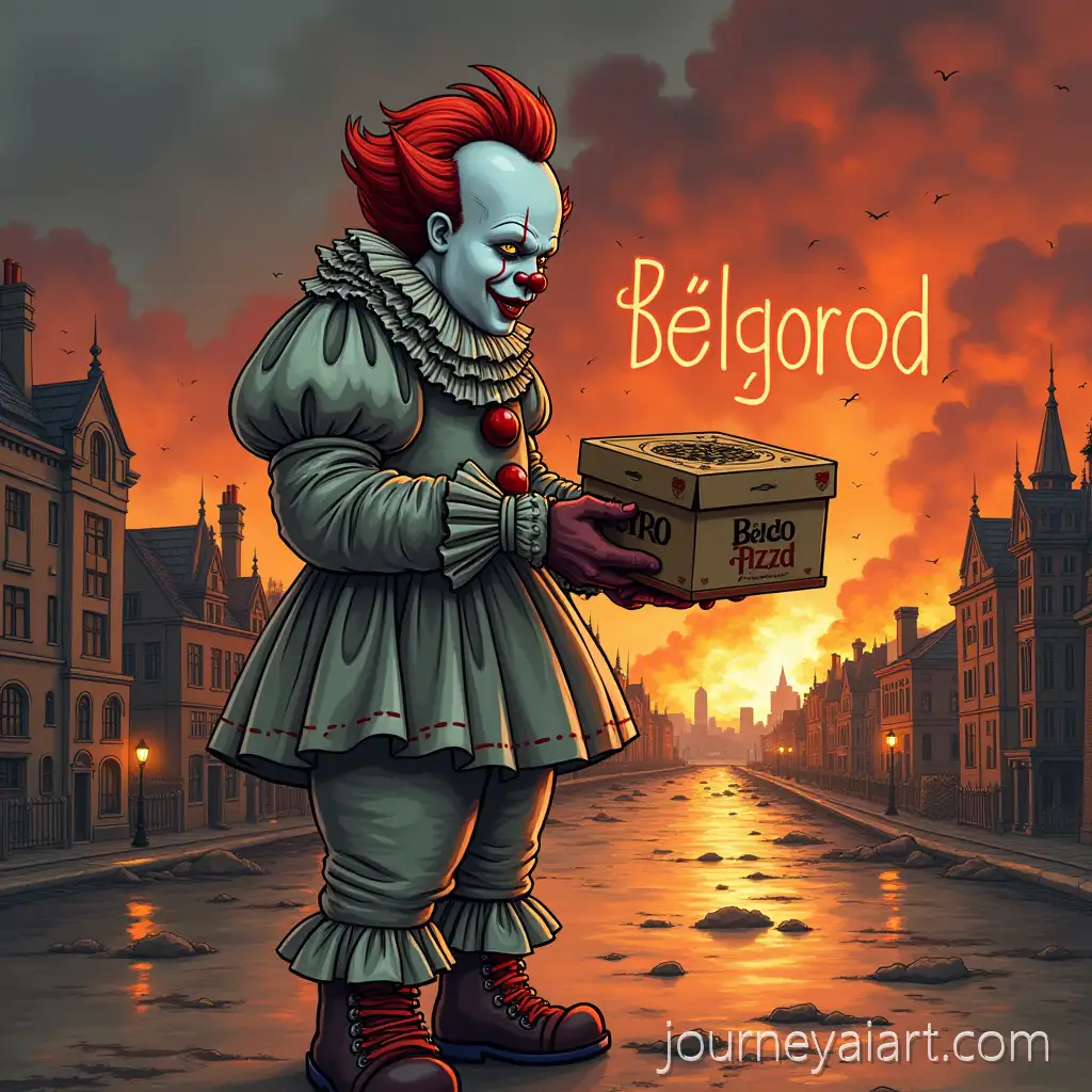 Pennywise-Holding-Dodo-Pizza-in-Fiery-Belgorod-Cityscape