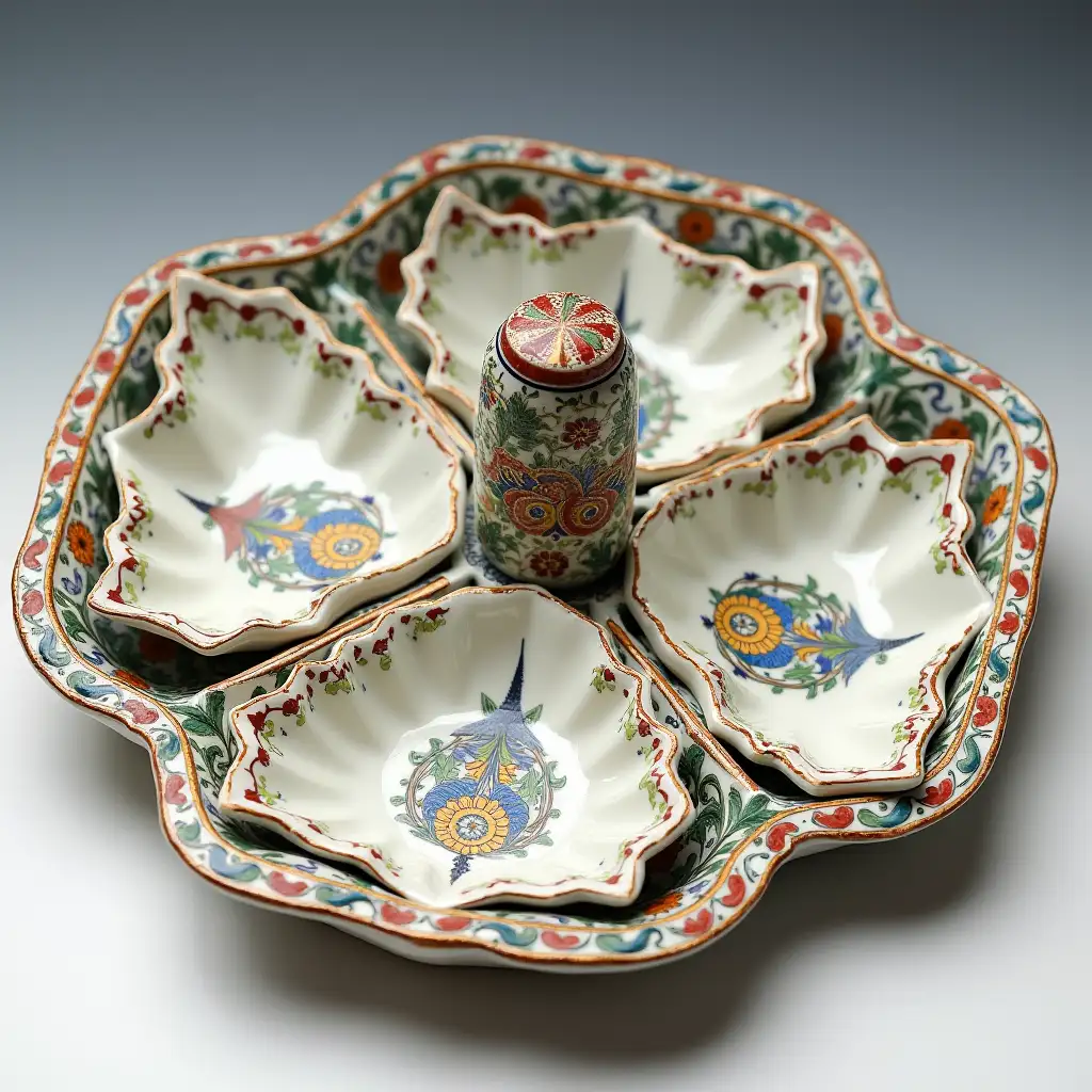 Four-piece ardour ceramic serving dishes, in the shape of a four-petaled flower,that fit inside a round dish, with embossed beautiful ceramic handle, Underglaze painting on white body, Fine art, Hyper detailed, Antique and old, Qajar art, Iranian Tabriz carpet design