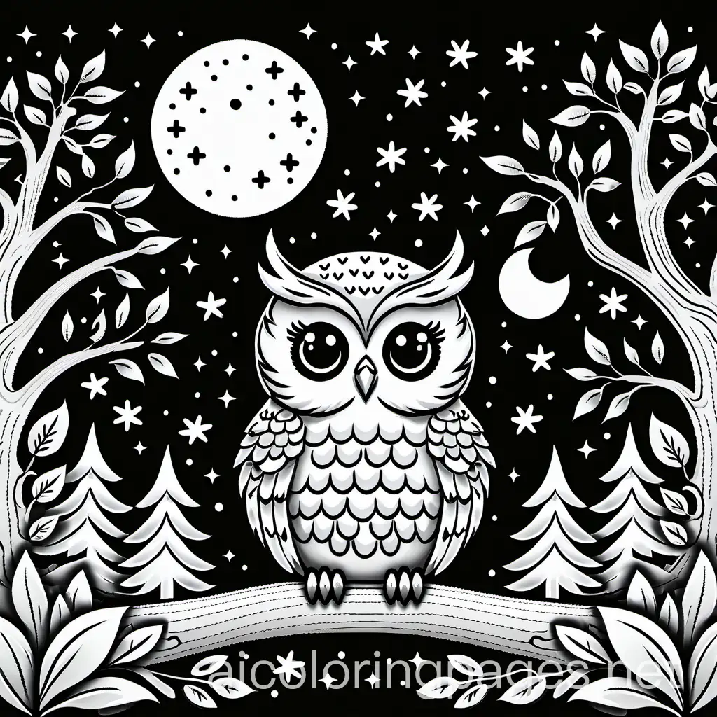 cutie Owl with night forest, Coloring Page, black and white, line art, white background, Simplicity, Ample White Space