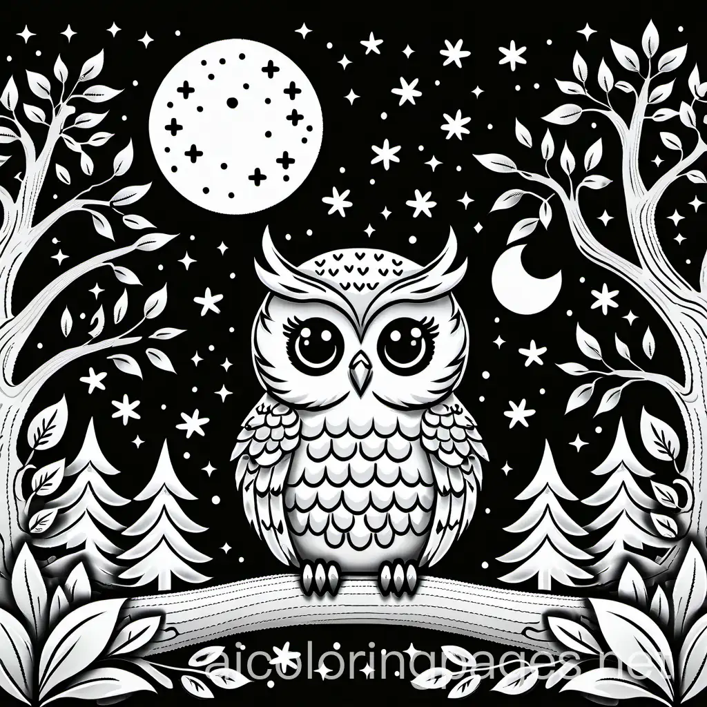 Cute-Owl-in-Night-Forest-Coloring-Page