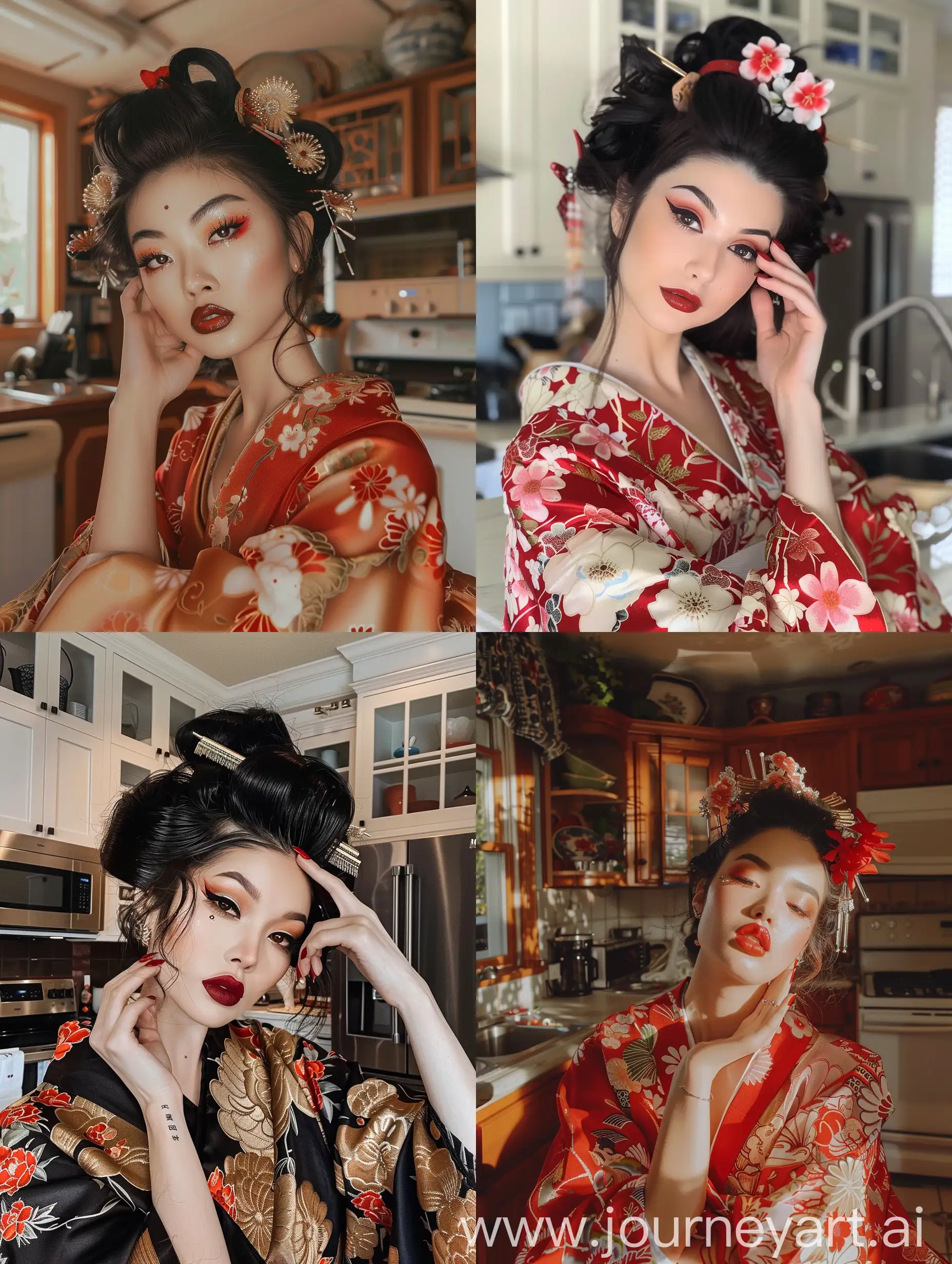 Japanese-Geisha-Taking-Aesthetic-Selfie-in-Kitchen-with-Red-Gel-Nail-Polish