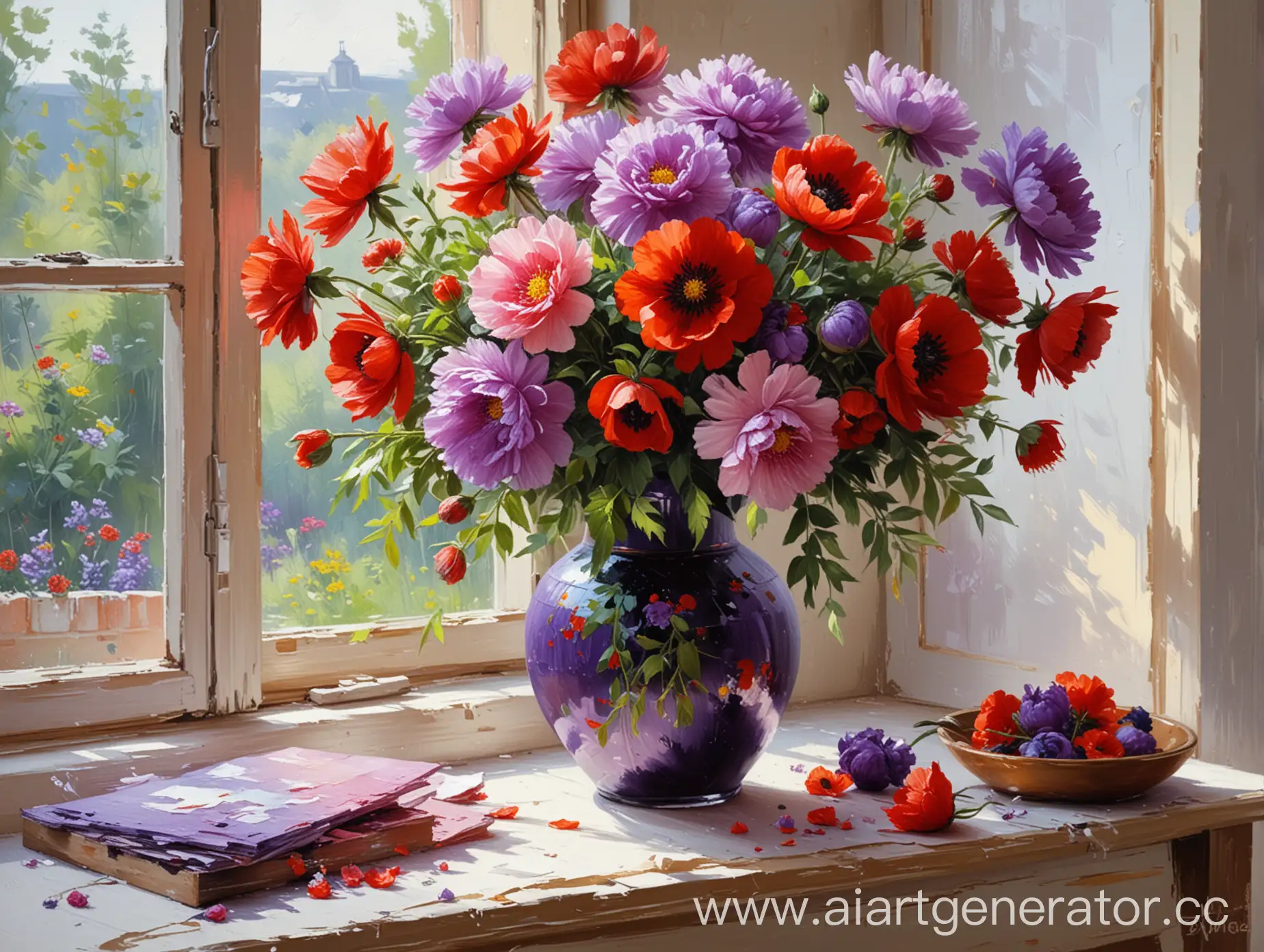 ((to be done with large, thick, thick three-dimensional strokes with thick oil paints with a palette knife, artist Эжен Джей Папроски)) impressionism in oil, still life, chic purple peonies and huge red poppies stand in a vase on the windowsill, perform only with a palette knife, 3D

