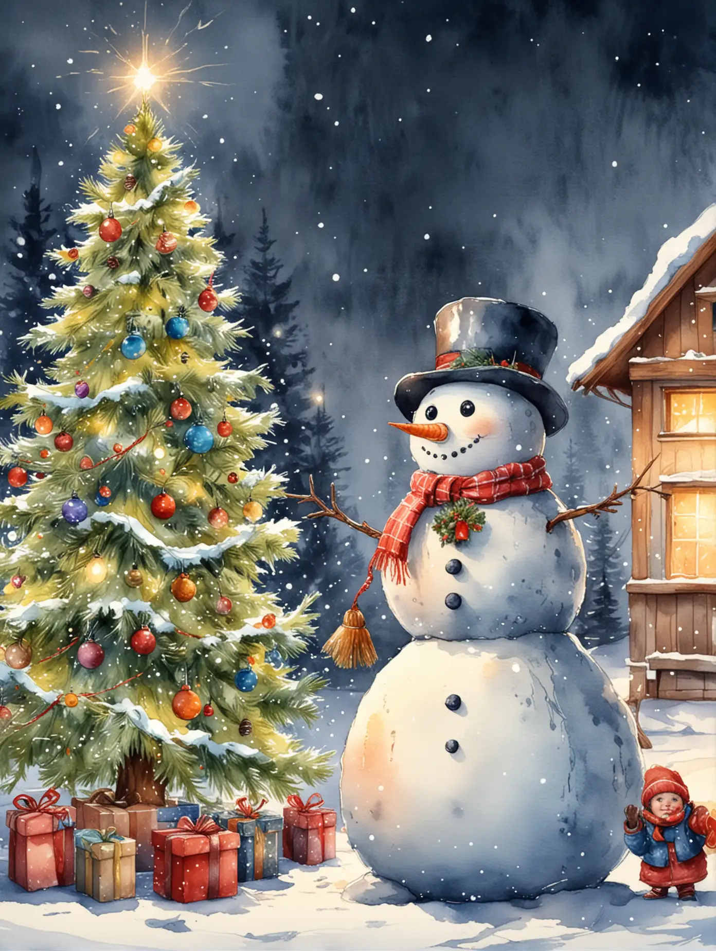 Children-and-Snowman-Celebrating-New-Years-with-a-Decorated-Christmas-Tree