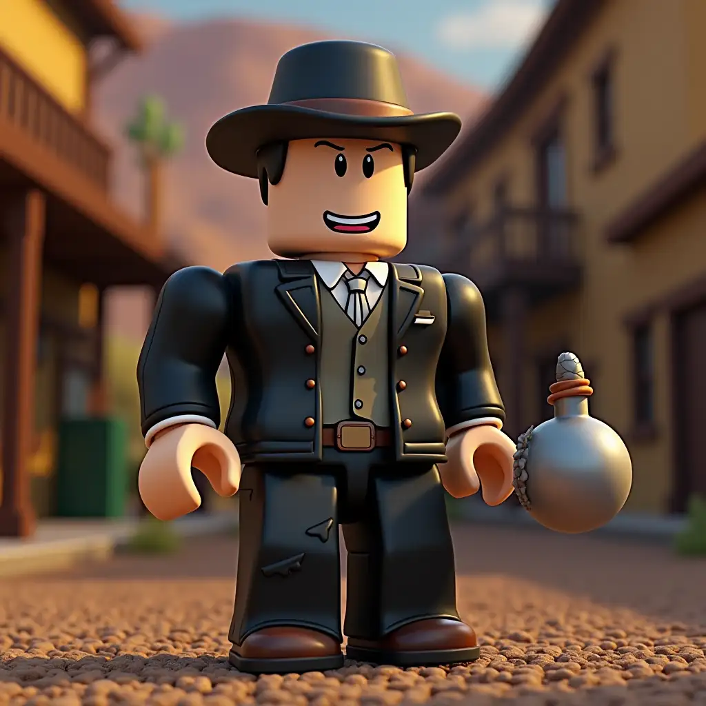 Make my Roblox character beacon have on hand big flask in flask Nikola Tesla brain and train background is west to Mexico and shop is named general storeand house