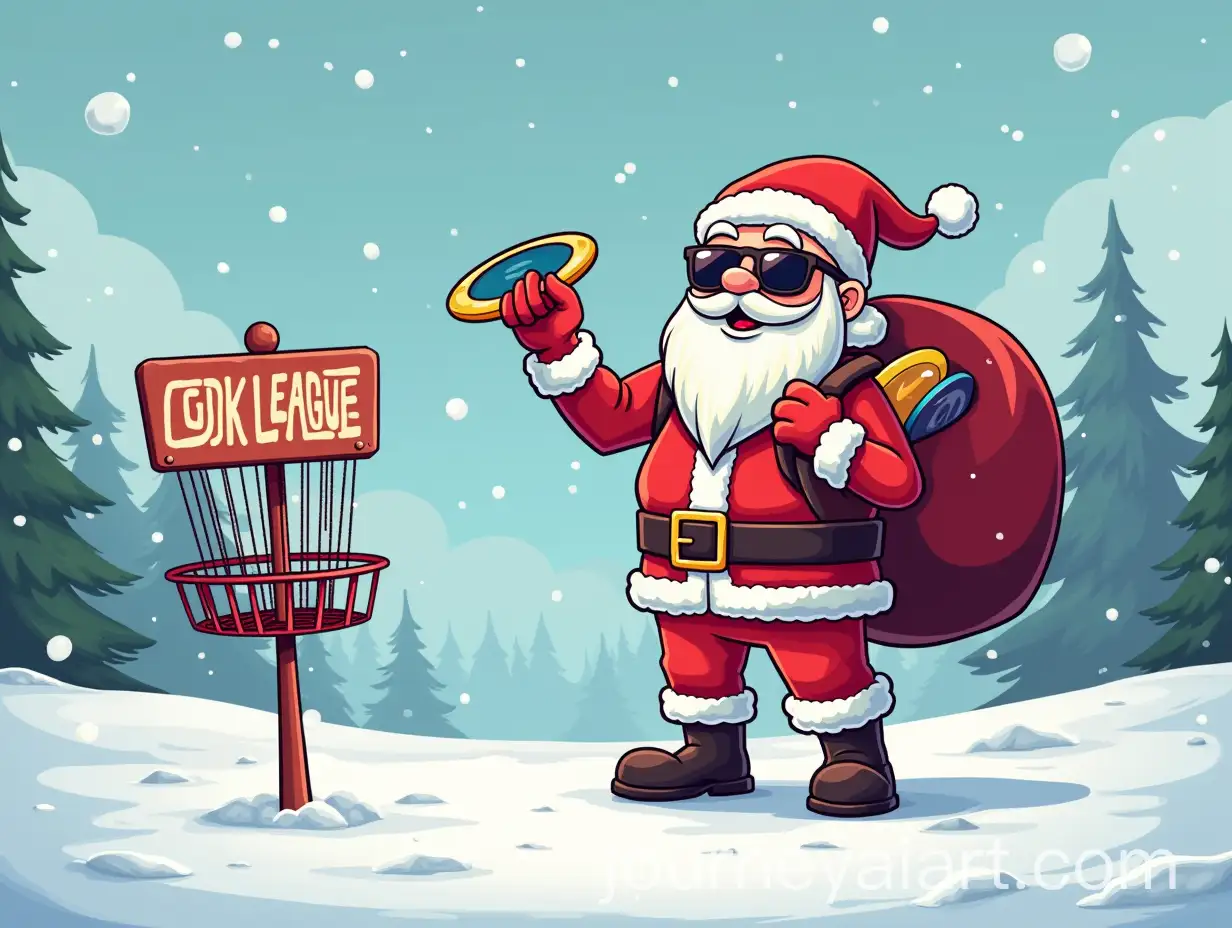 Cool-Santa-Claus-Playing-Disc-Golf-in-a-Snowy-Park-with-Christmas-Vibes