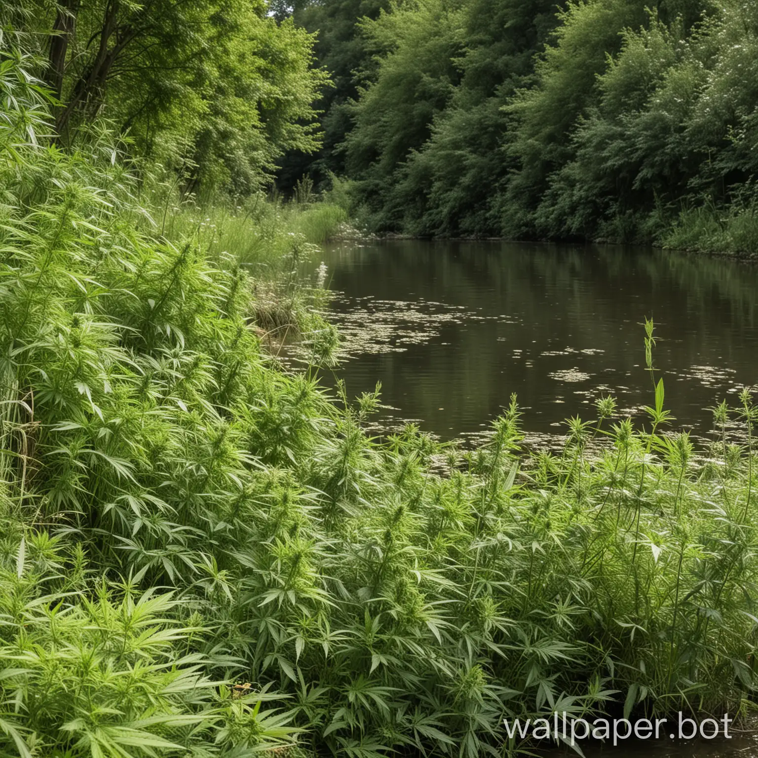 river with bushy cannabis plants growing on banks in flower stage