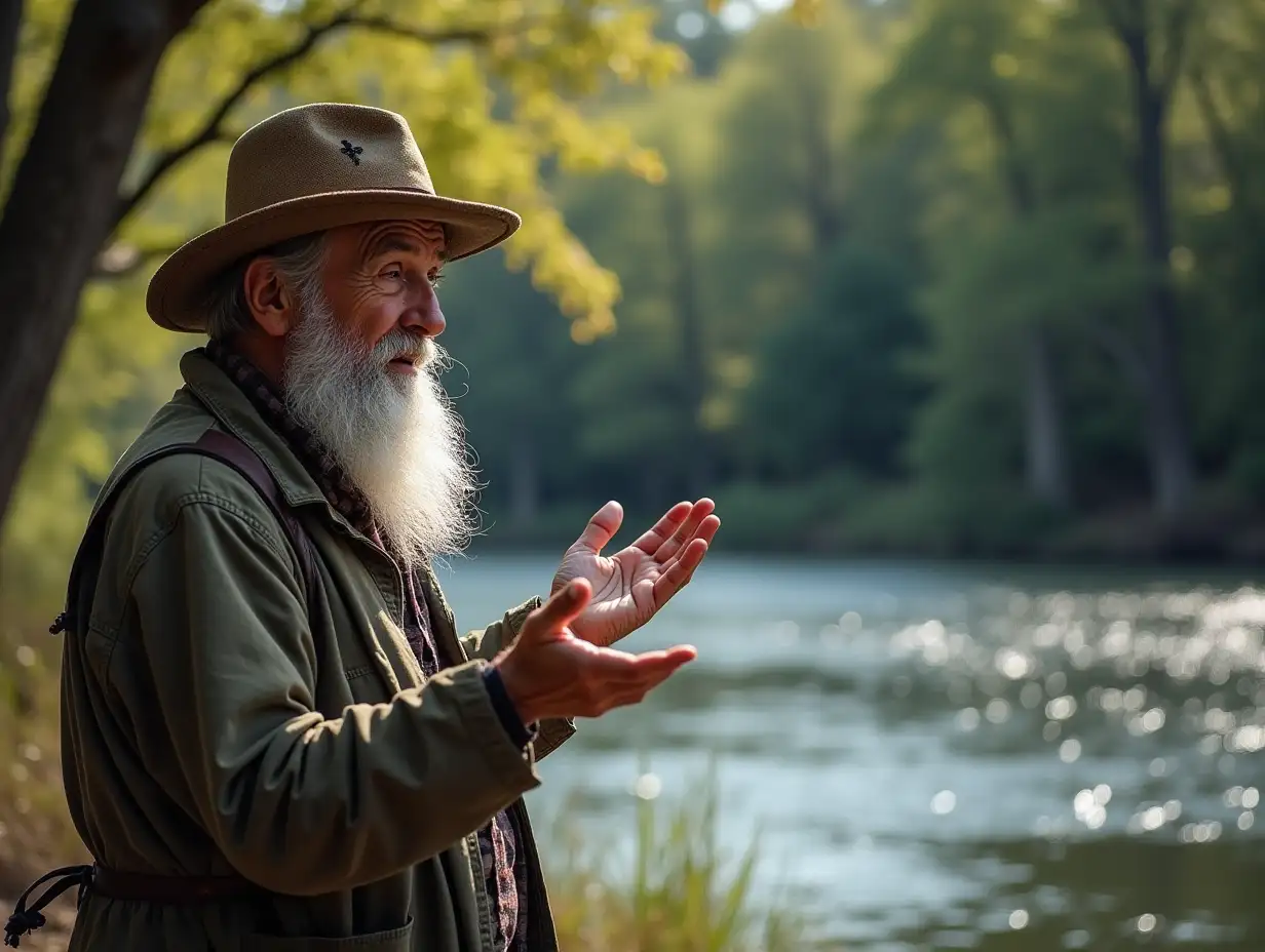 The Wise Old Fisherman**   - An old fisherman near a serene riverbank, gray beard, wearing a tattered hat, animatedly explaining a concept to the minister, backdrop of lush trees and sparkling water.