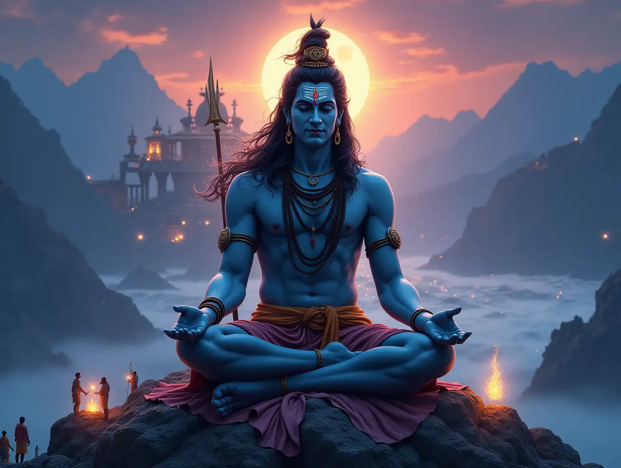 Create a mesmerizing and divine visual of Lord Shiva, the supreme deity of transformation, seated in a meditative pose atop the majestic Himalayas. His matted hair releases the sacred Ganges river, and a crescent moon adorns his forehead, glowing with celestial light. Surround him with a serene and mystical aura, with the holy Kashi Vishwanath Temple in the background, emanating spiritual energy. Include devotees offering prayers and the sound of 'Har Har Mahadev Shambhu' resonating through the scene. Incorporate a vibrant twilight sky, glowing tridents, and a sense of peace and power that reflects the essence of the song.