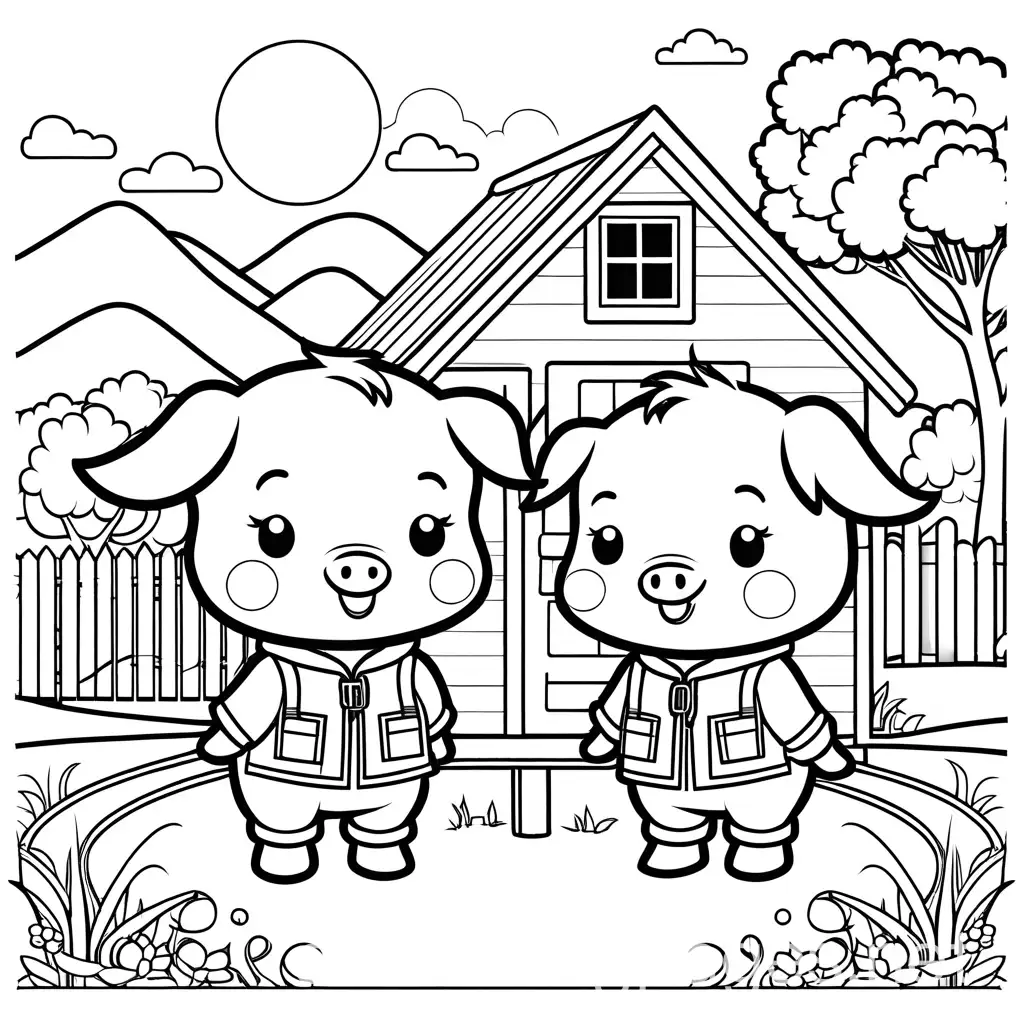 Chibi-Style-Piglets-Coloring-Page-with-Cabin-and-Farm-Background