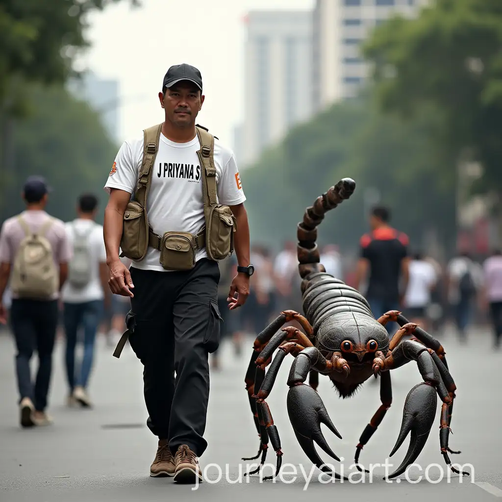 Indonesian-Man-Walking-with-Giant-Scorpion-in-Vibrant-Jakarta-on-Car-Free-Day