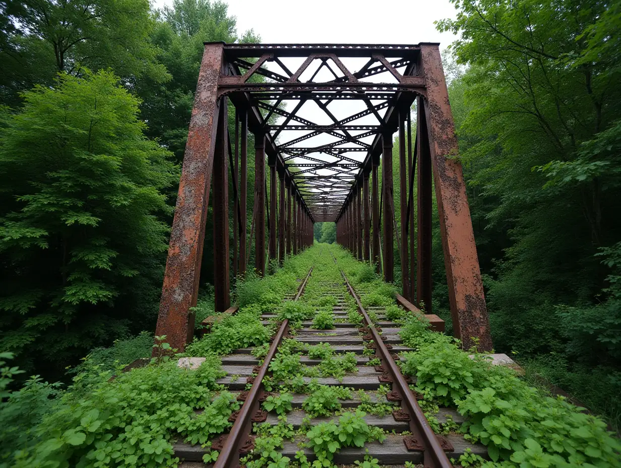 Rusting Old Railway Bridge Overgrown with Lush Vegetation