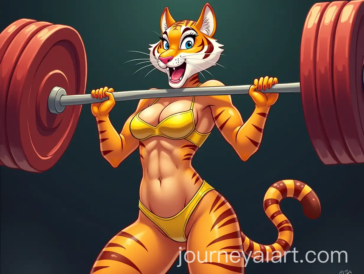 Anthropomorphic-Tigress-in-Yellow-Bikini-Lifting-Barbell-at-Circus
