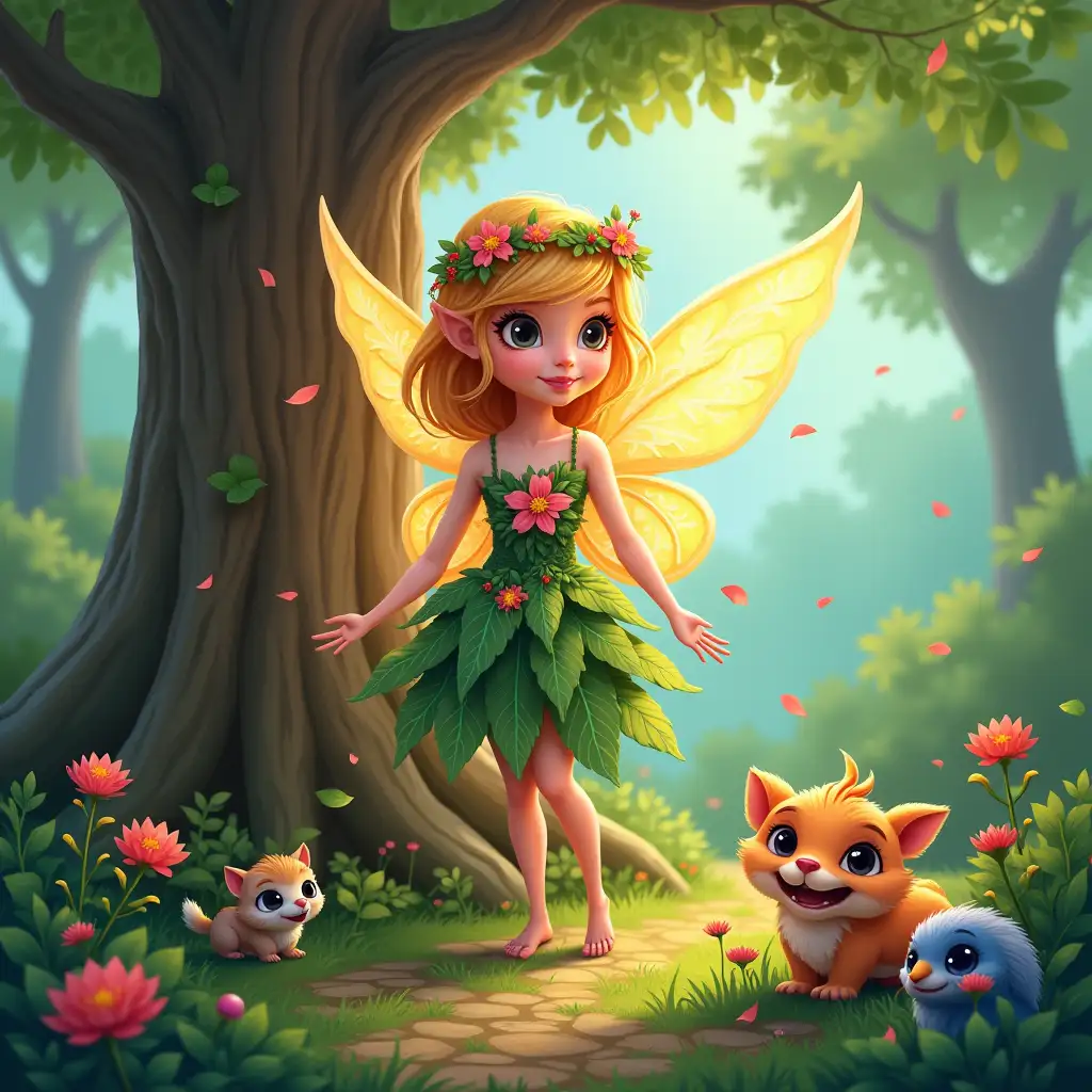 Fairy-in-Colorful-Flower-Petal-Dress-with-Sparkly-Wings-in-Enchanted-Forest