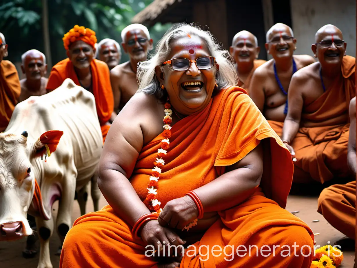 Laughing-Hindu-Monk-Woman-with-Cow-and-Flower-Garland-in-Ashram