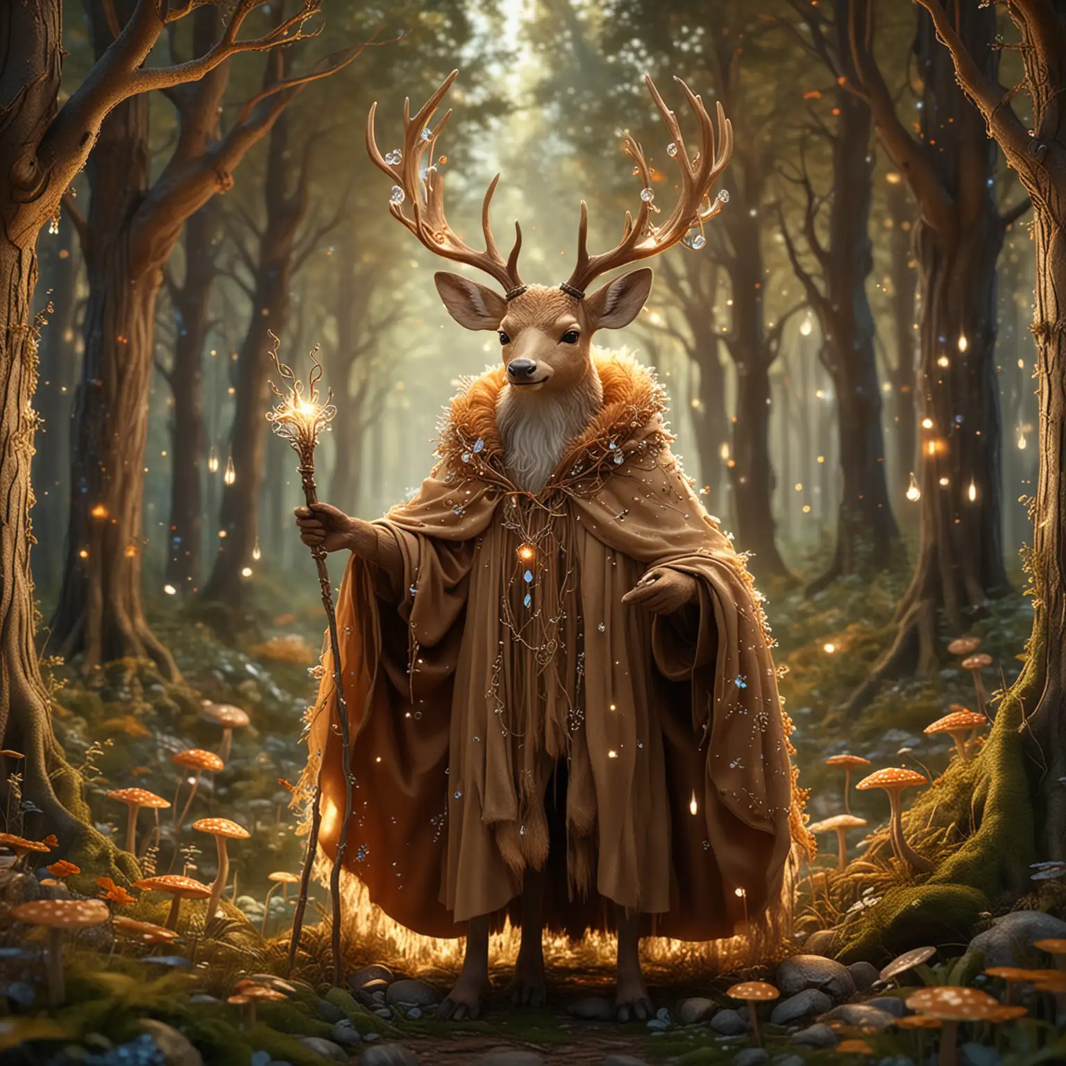 Design a cartoon-style anthropomorphic deer character with light brown fur and elegant antlers. The deer is wearing a flowing cloak made of magical fabric, holding a glowing staff adorned with crystals. The background is an enchanted forest filled with glowing mushrooms and shimmering plants. The atmosphere is bright and magical, with sunlight streaming through the trees