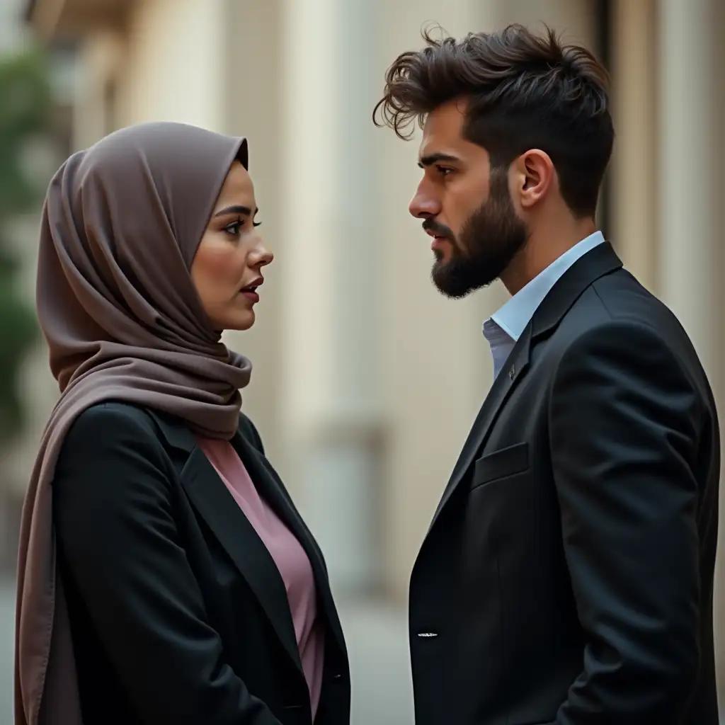 A hijab beautiful woman is arguing with a handsome bearded suited young man