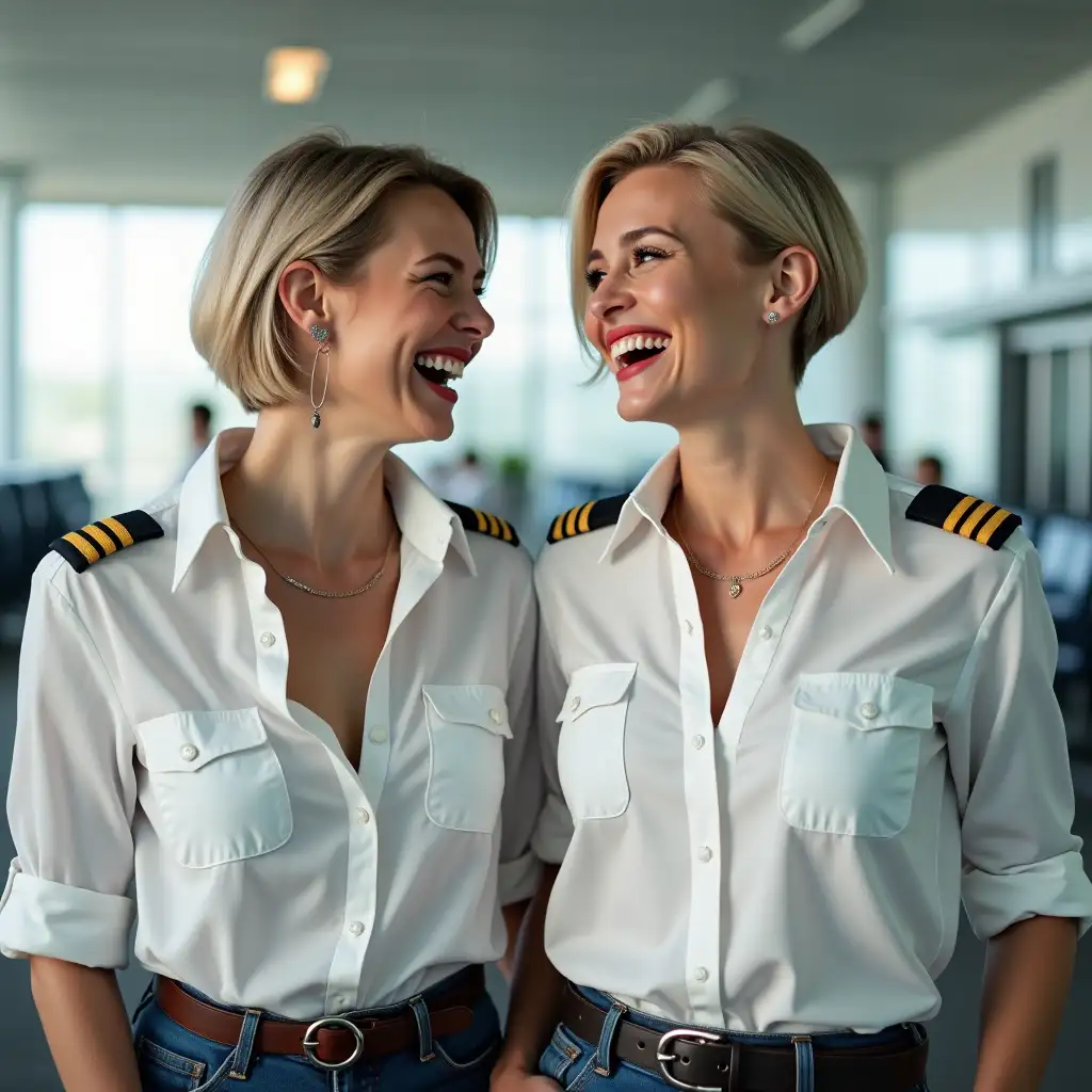 two white lady , in white pilot shirt, casually deep-necked flightschool shirt, laughing with her mouth open, red lipstick accentuating her smile,belt on waist, big wide hips, chest are fully grown, jewerly, white shirt buttons visible on shirt, short hair, HD, airport, photo-realism