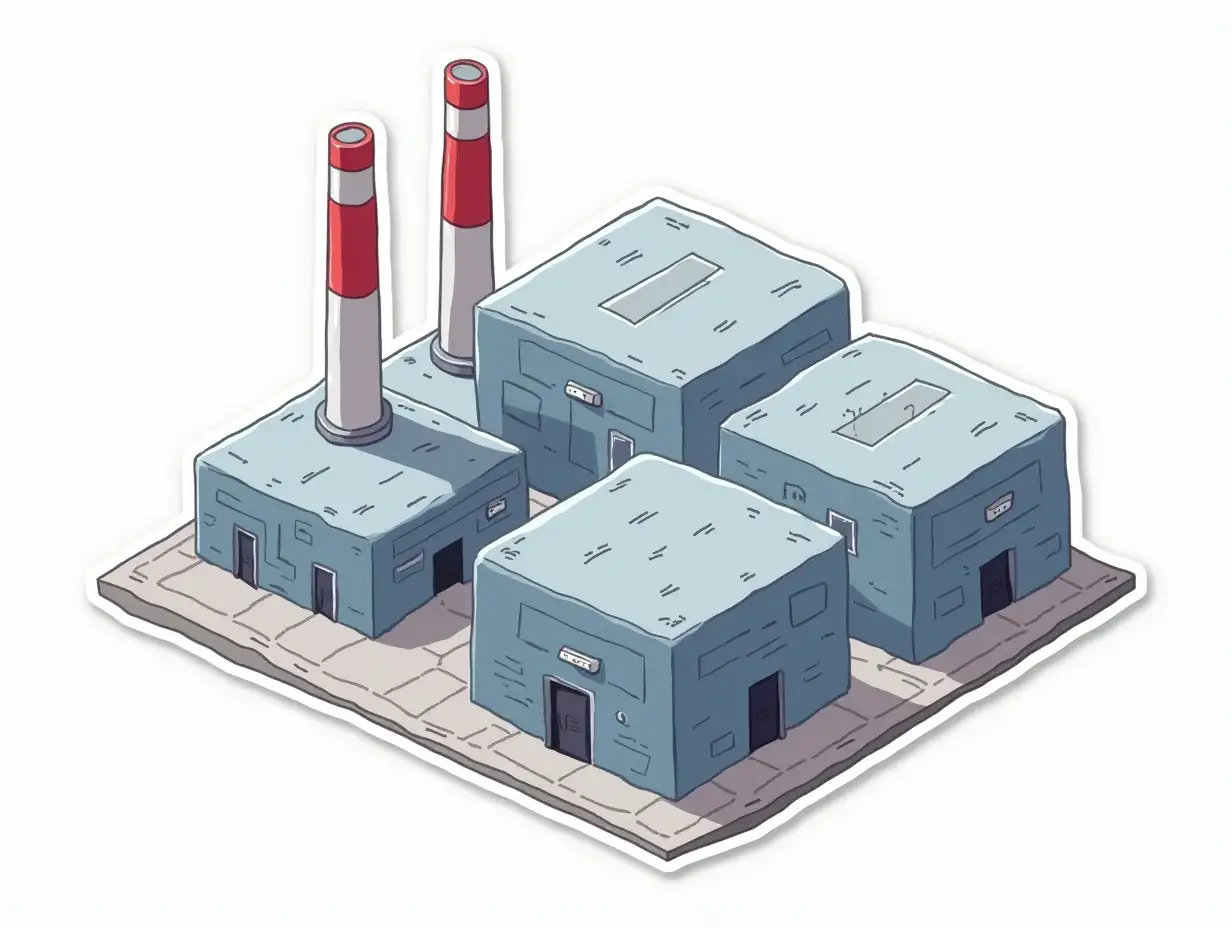 kawaii nuclear power plant russian project with square power units,  Sticker design - top view, high resolution, vector graphics, white background, anime-style coloring