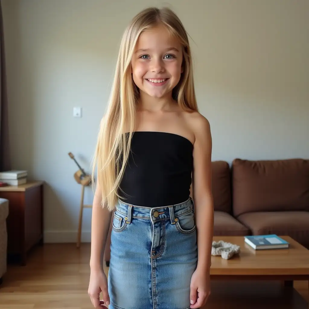 Charming-10YearOld-Girl-in-Denim-Skirt-and-Black-Tube-Top-Standing-in-Living-Room