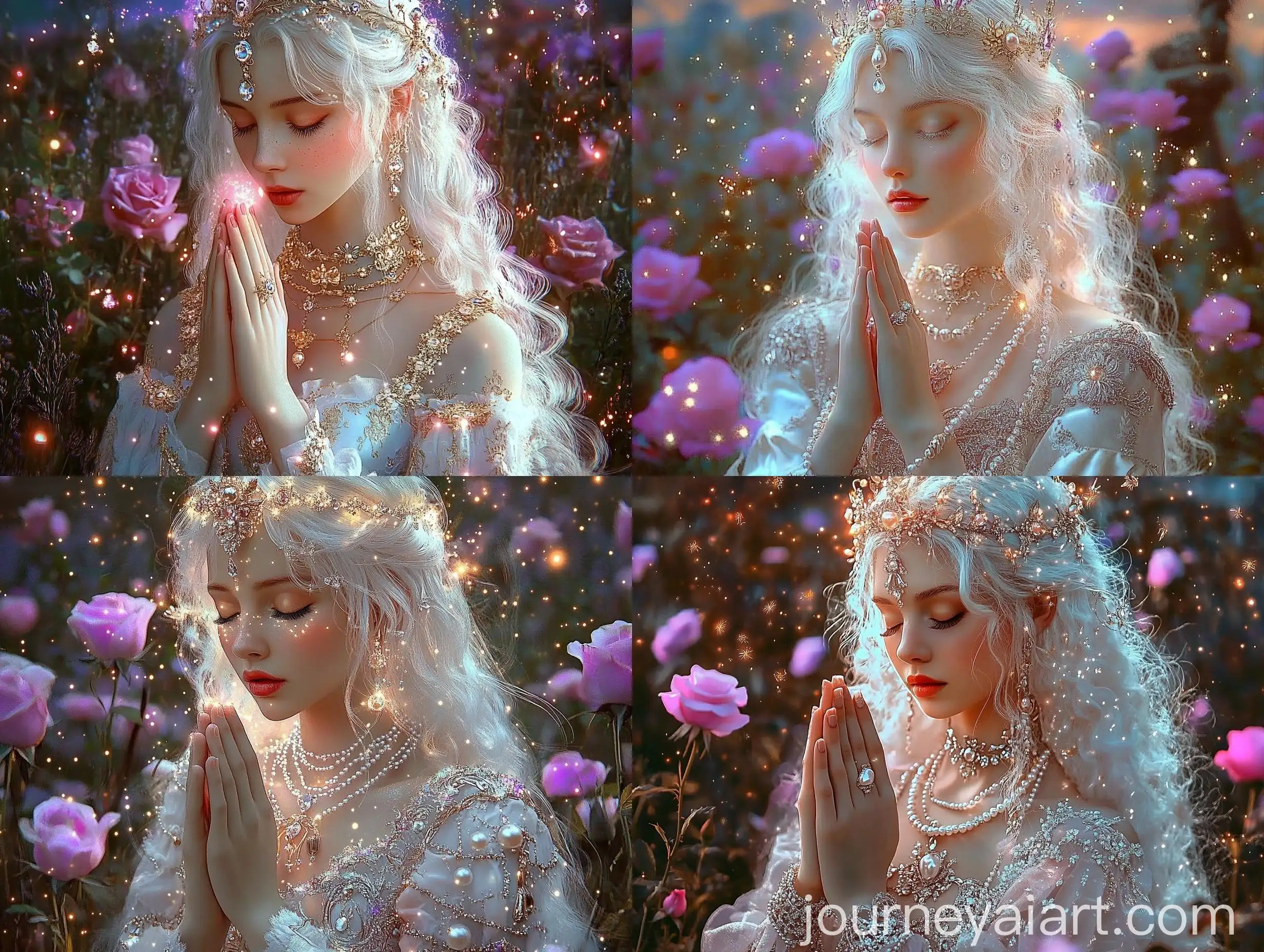 Medieval-Woman-in-Prayer-with-Crystal-Crown-and-Fireflies