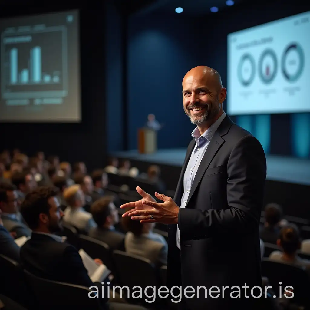 FortyYearOld-Man-Giving-Lecture-to-Audience-with-Charts-on-Screen