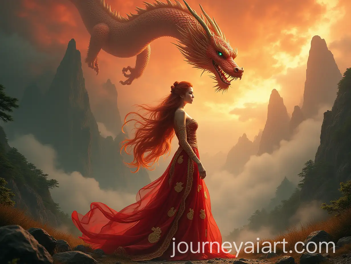 Heroic-Brunette-Girl-in-Luxurious-Gown-Beneath-a-Majestic-Chinese-Dragon