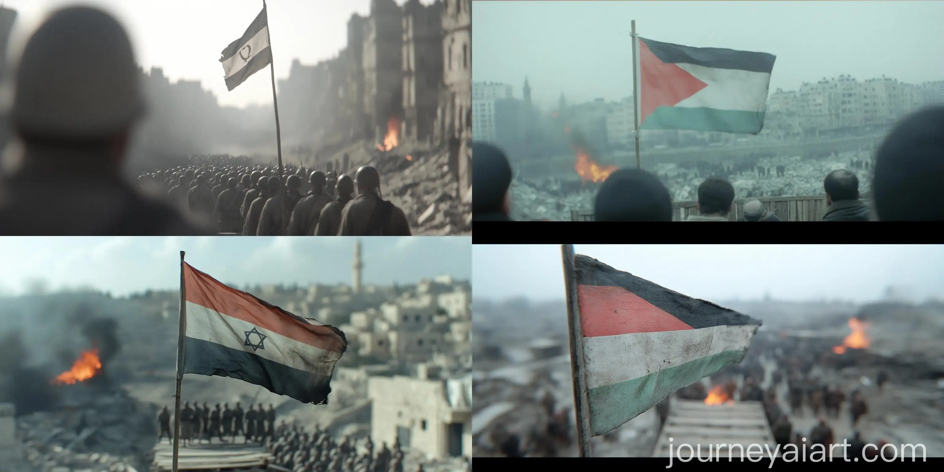 Warriors-Listening-to-Leaders-on-Platform-in-Destroyed-City-World-War-Scene