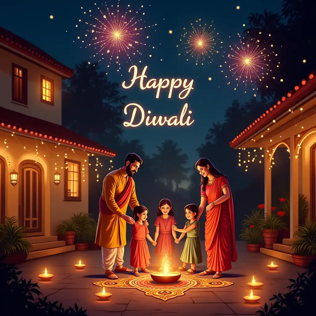 Joyful-Diwali-Celebration-in-a-Vibrantly-Decorated-Indian-Courtyard