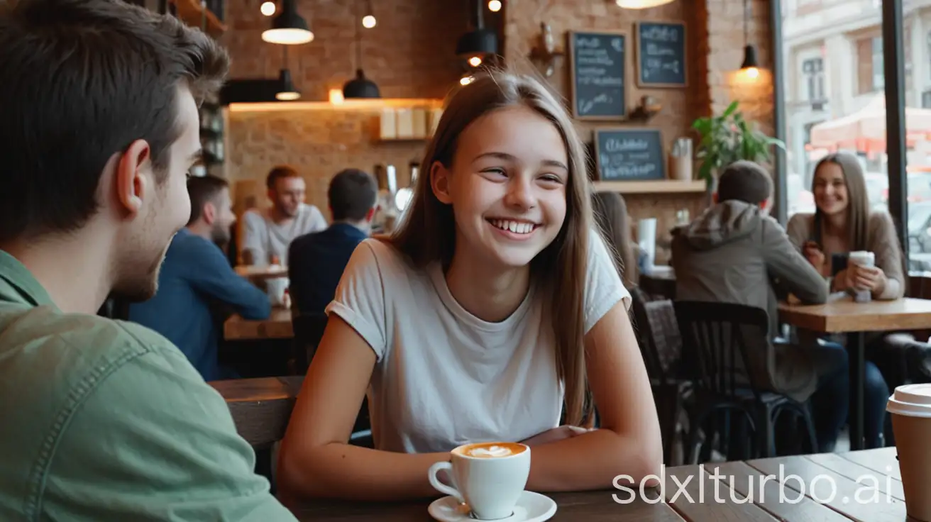 A smiling girl in a cafe is having an absorbed conversation with an interested young man