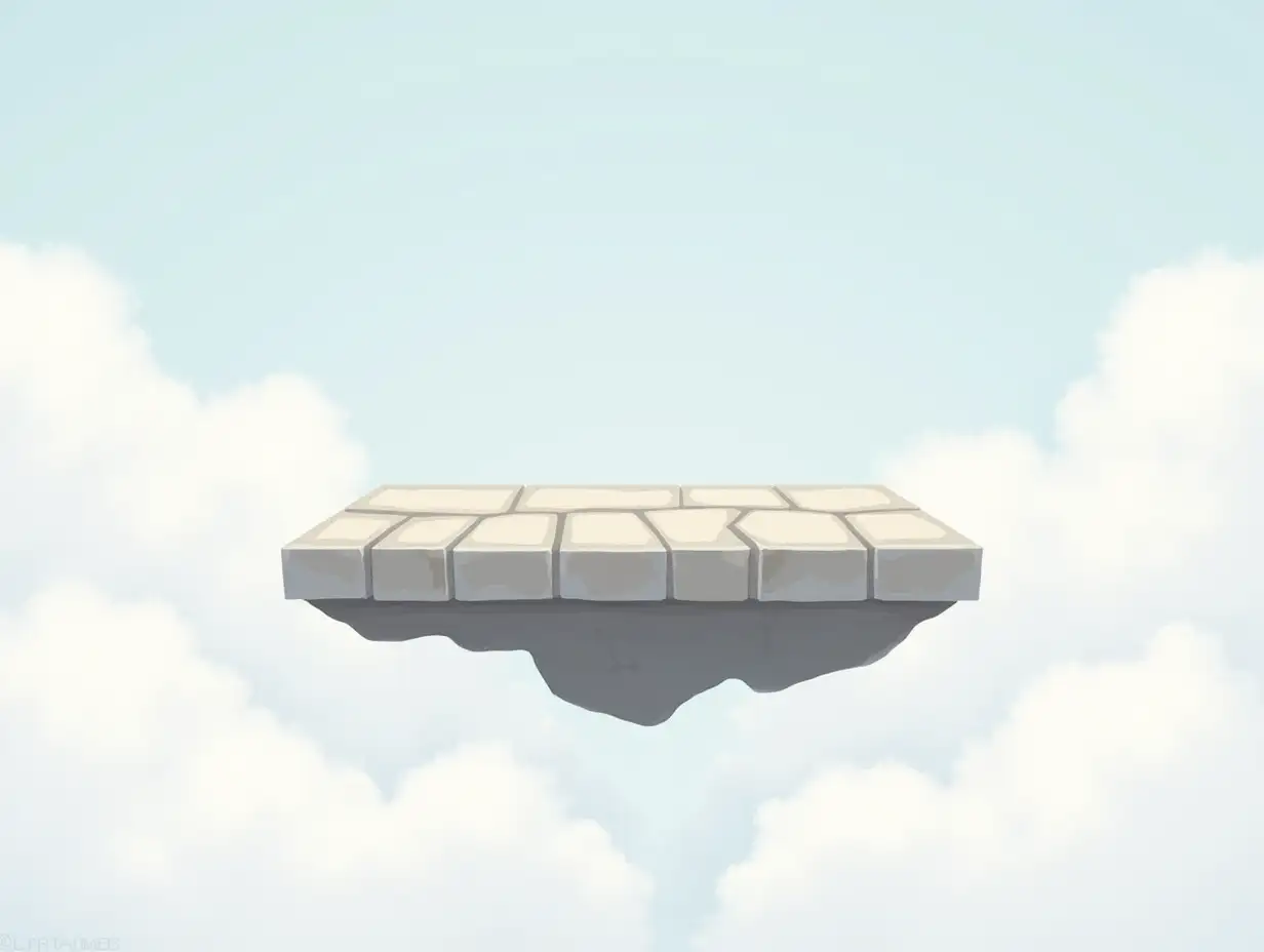 Design a 2D side-scrolling platform for a platformer video game. The platform should float in the sky and have a clean, minimalistic design with low-saturation colors. Its shape should be flat and rectangular, resembling a floating brick or stone platform. The platform should appear stable and slightly weathered, with subtle texture details on its surface. Use a bright sky background to emphasize the floating effect.