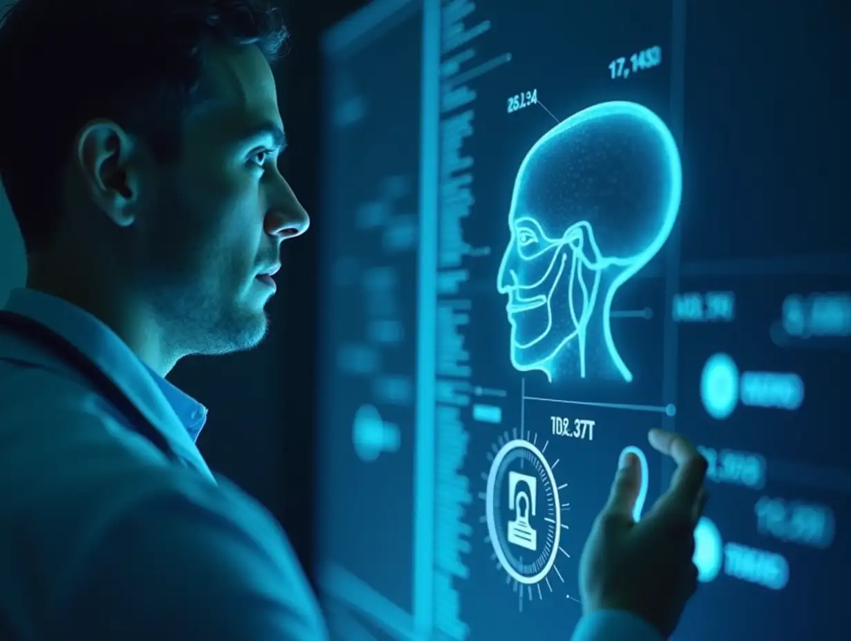 Side profile of a doctor analyzing healthcare AI data hologram. Holographic artificial intelligence in health care amp medicine. Medical research innovation