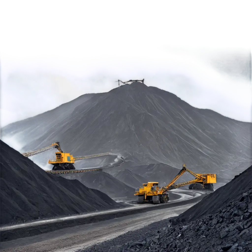 illustration of a coal mountain in a mining industry area, complete with machines and a dark and misty atmosphere.