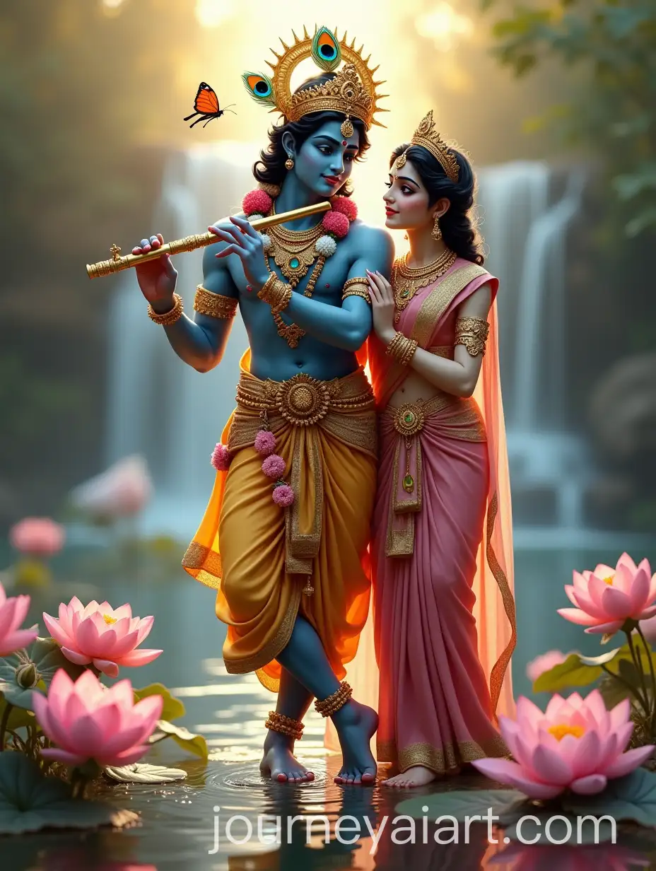 Krishna-and-Radha-in-a-Divine-Setting-with-Lotus-Lake-and-Waterfall