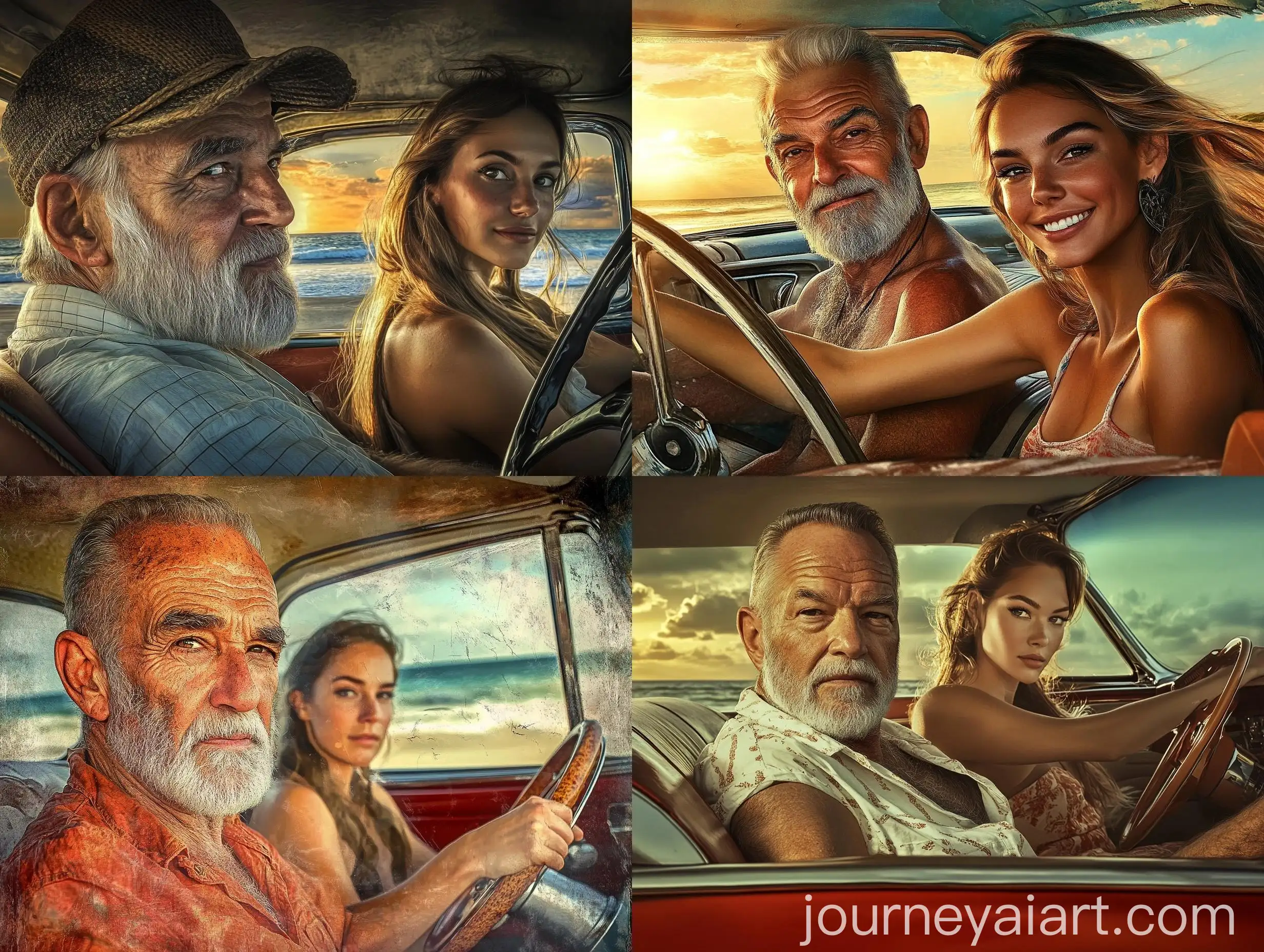 Elderly-Man-and-Woman-Enjoying-Sunset-Beach-Drive-in-Vintage-Car