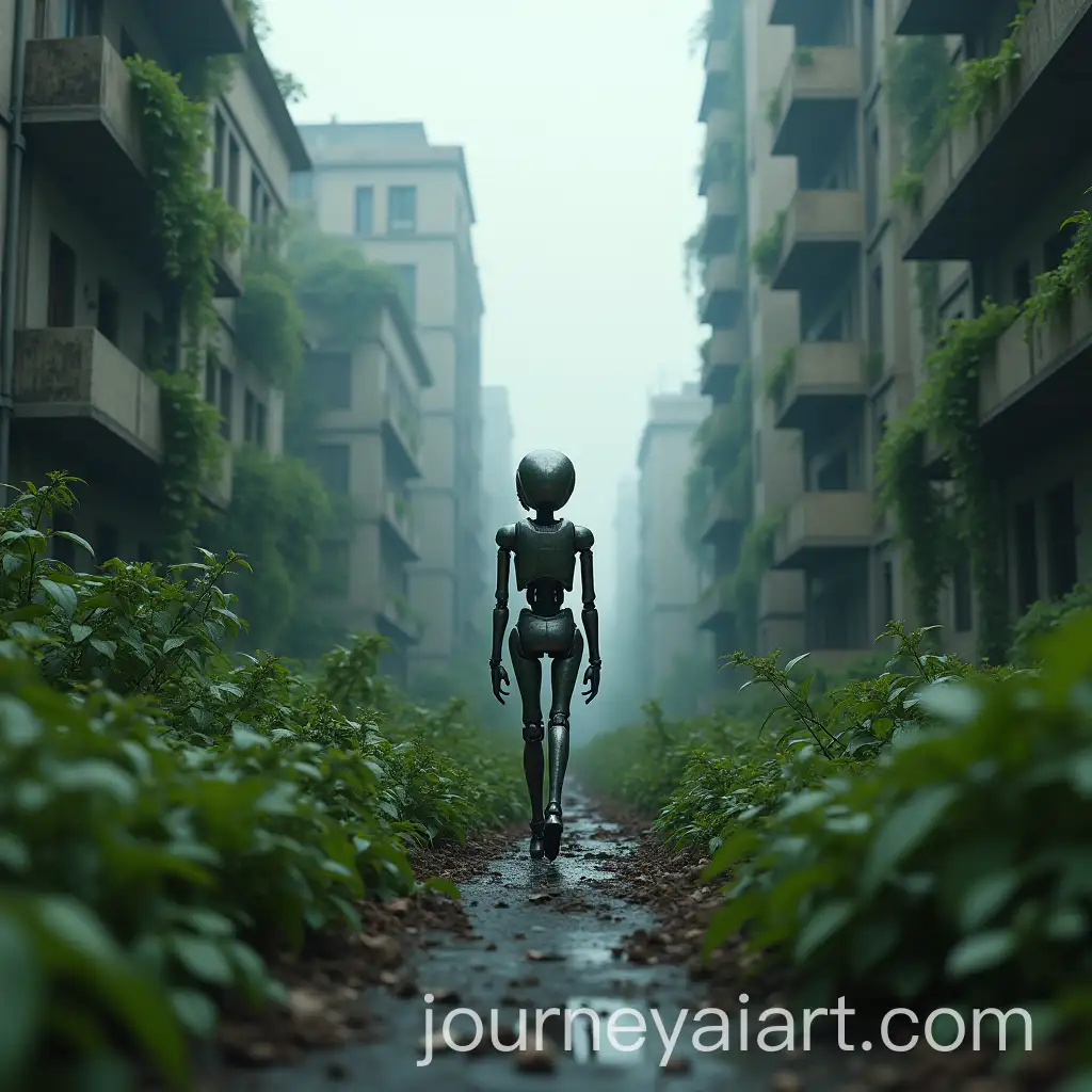 Humanoid-Robot-Walking-Through-PostApocalyptic-Overgrown-City