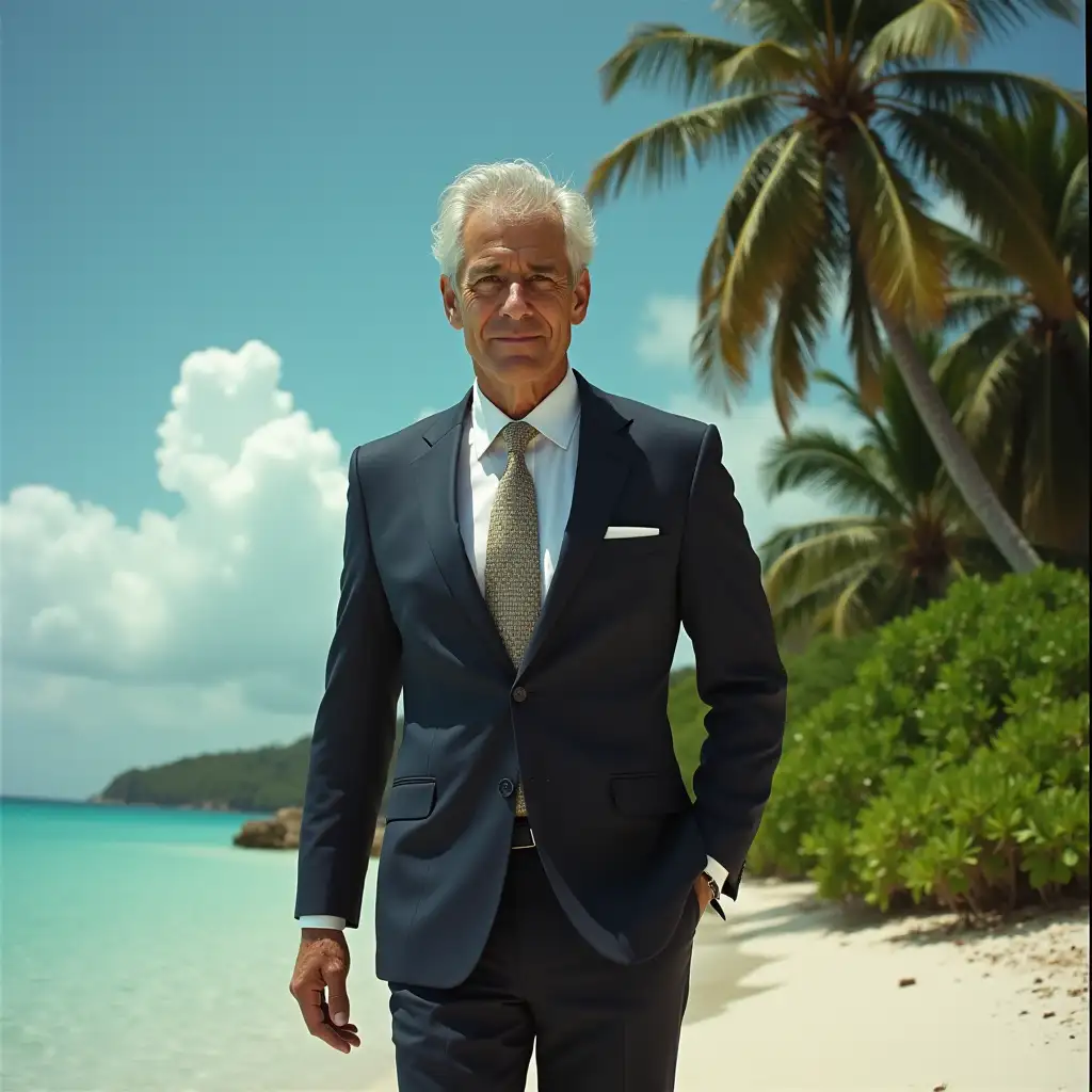 make epstein in a suit on a tropical island