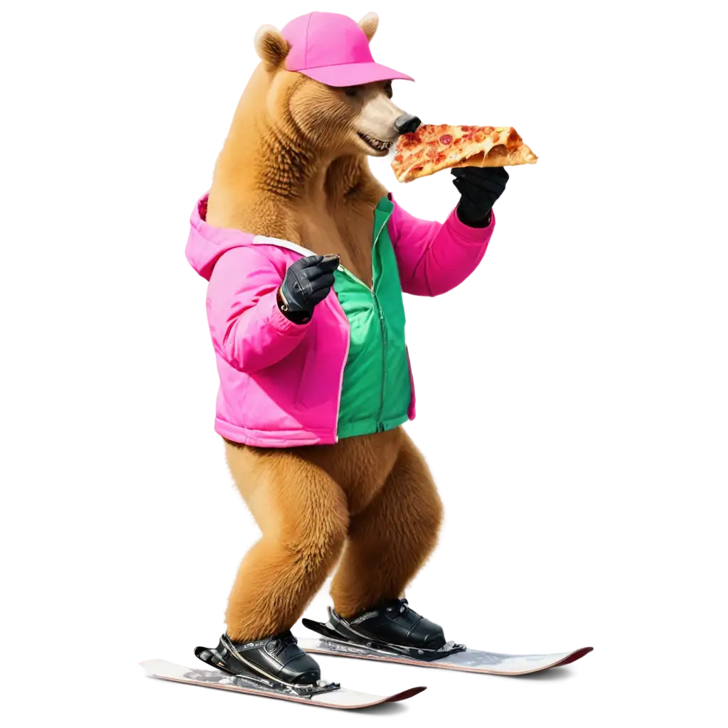 Delightful-PNG-of-a-Bear-Dressed-in-80s-Clothes-Skiing-While-Eating-Pizza