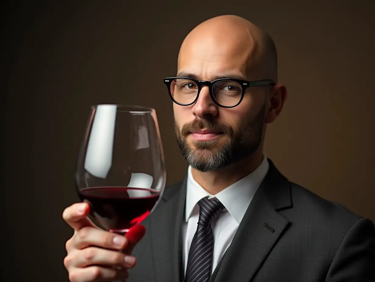 Create a bald guy with glasses holding a glass of red wine.