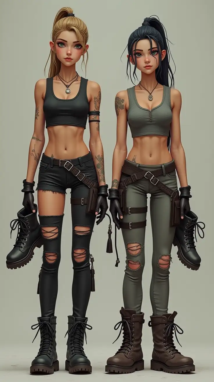 Two slender 15 year old warrior girls presenting combat shoes, post apocalyptic ripped outfits, abs, pony tail, undercut, tough girls, slim and tall, standing and holding combat shoes in their hands, full length shot