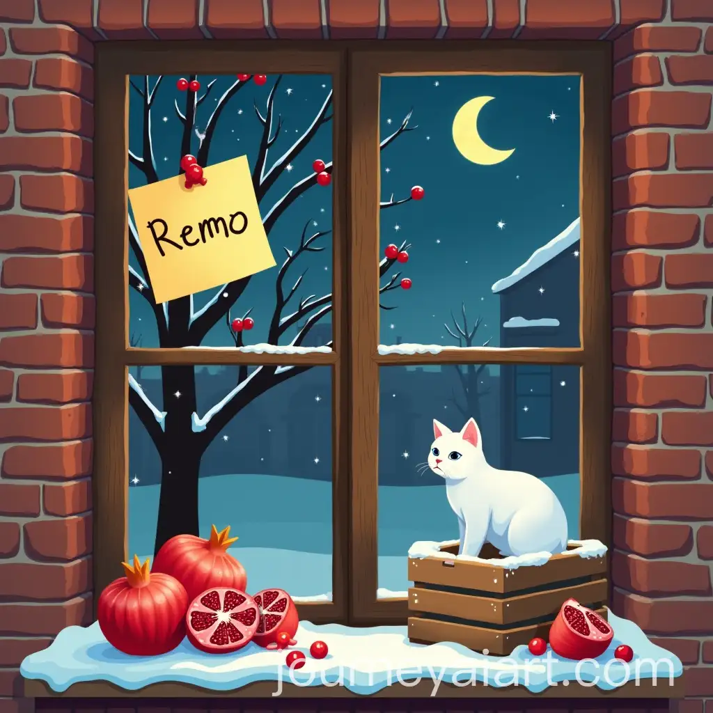 Snowy-Night-Window-View-with-Pomegranates-Cat-and-Crescent-Moon