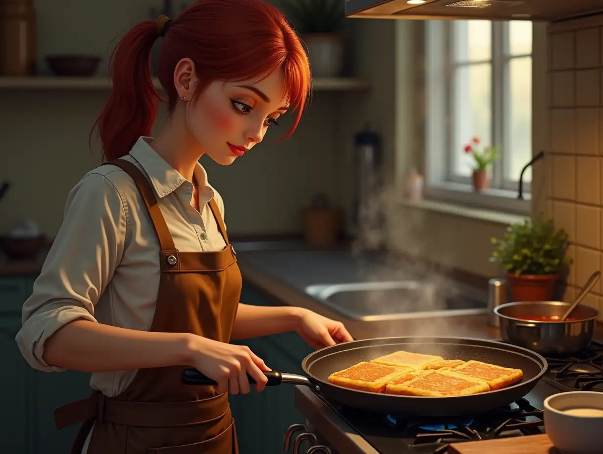 Redhead with dark hair girl with a square frying pancakes in a frying pan in a hostel, photorealism