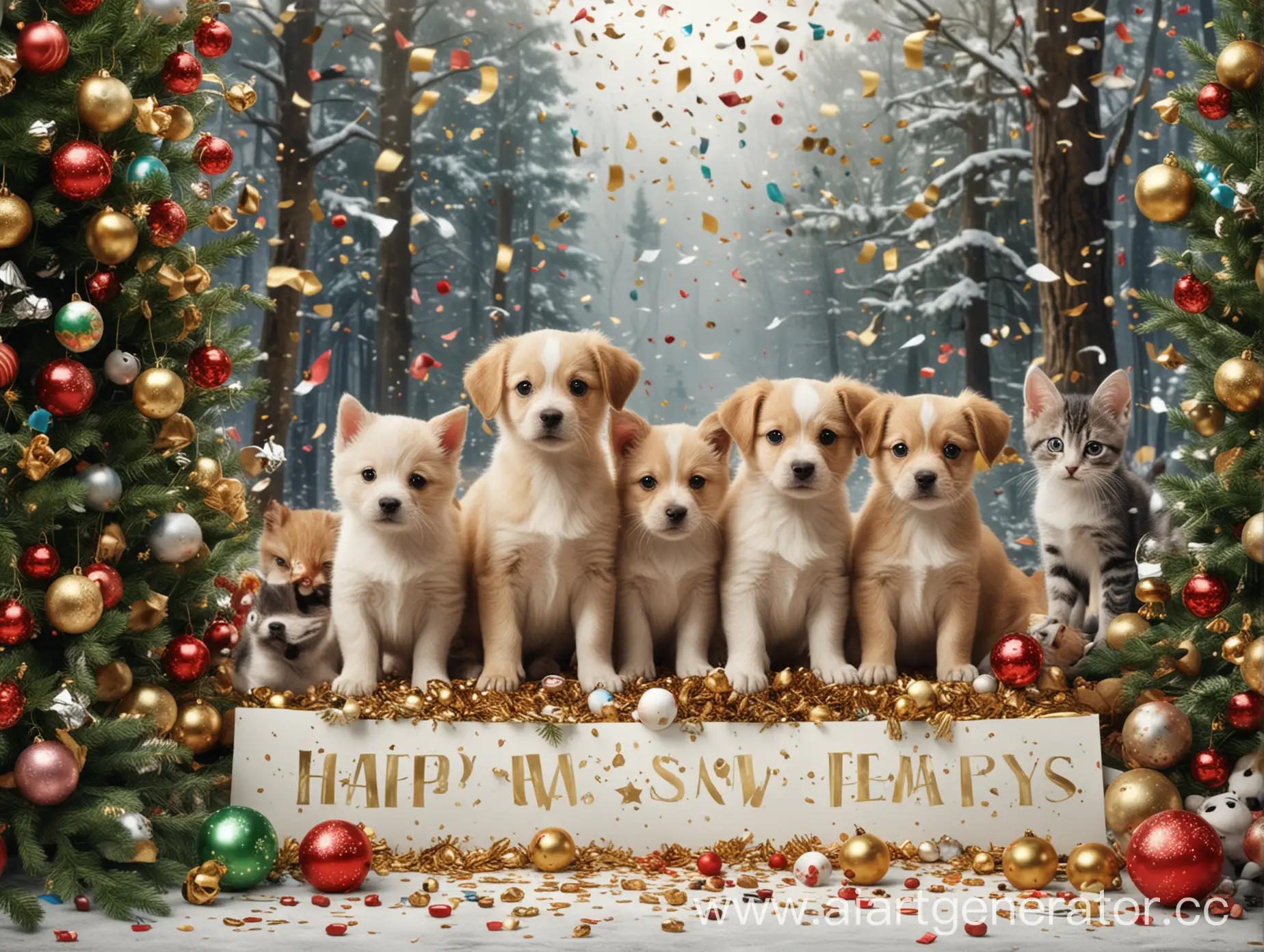 New-Years-Forest-with-Puppies-Kittens-and-Holiday-Decorations