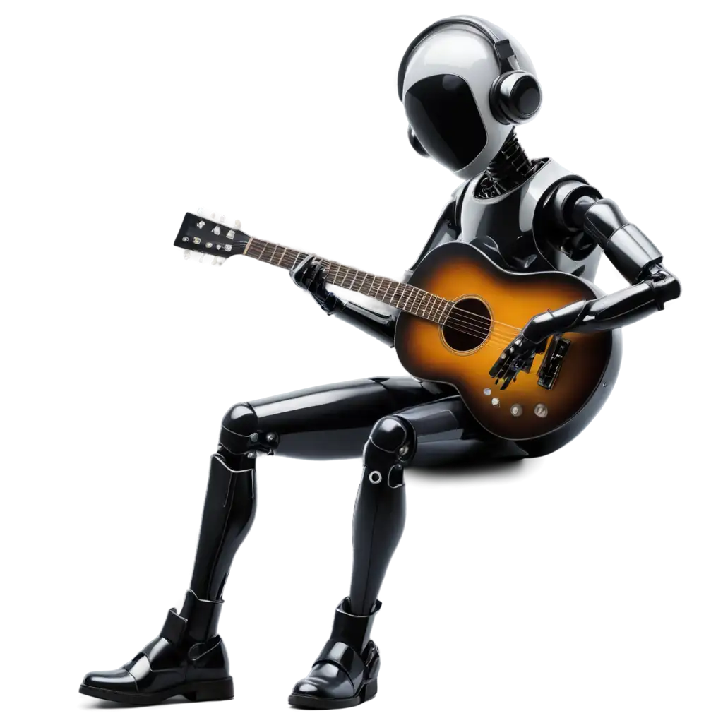 futuristic robot playing a guitar sitting on a hill melancholic