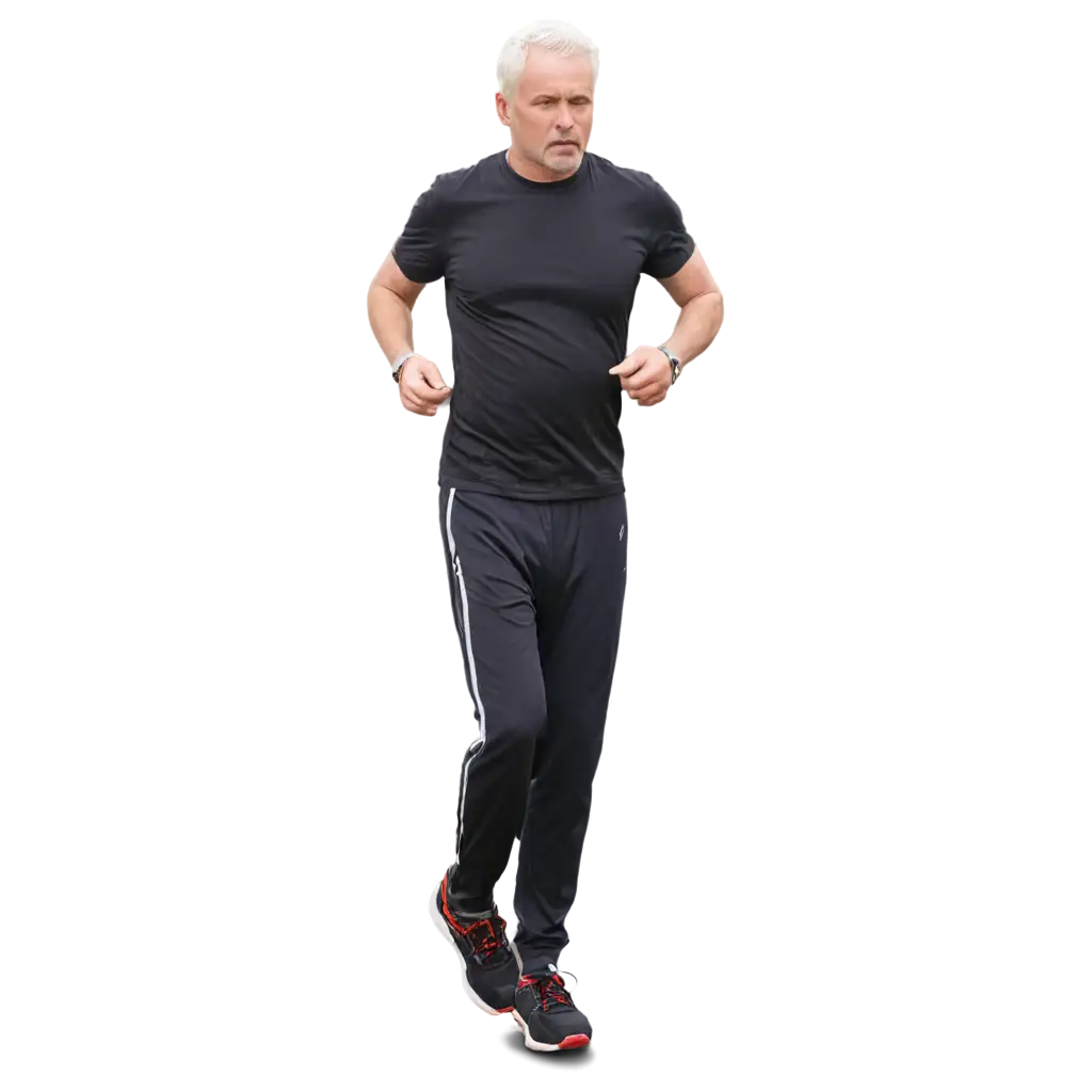 Please create a high quality image of a middle-aged man with short white hair, full and clear eyes, in motion and exercising with a T-shirt, trousers and sports shoes.