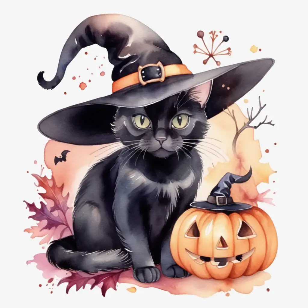 Cute Halloween Black Cat in Witch Hat